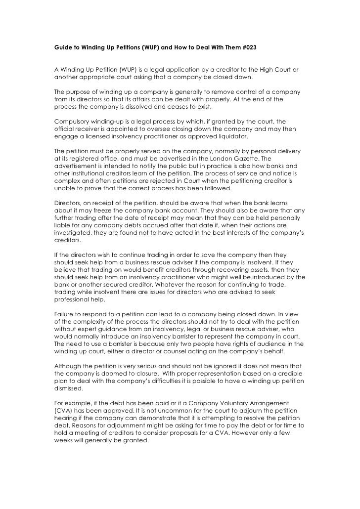 Guide to winding up petitions (wup) and how to deal with them 023