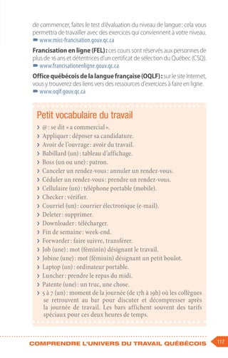 117
Comprendre l'univers du travail québécois
de commencer, faites le test d’évaluation du niveau de langue : cela vous
permettra de travailler avec des exercices qui conviennent à votre niveau.
–
–www.micc-francisation.gouv.qc.ca
Francisationenligne(FEL) : ces cours sont réservés aux personnes de
plus de 16 ans et détentrices d’un certificat de sélection du Québec (CSQ).
–
–www.francisationenligne.gouv.qc.ca
Officequébécoisdelalanguefrançaise(OQLF) :surlesiteInternet,
vous y trouverez des liens vers des ressources d’exercices à faire en ligne.
–
–www.oqlf.gouv.qc.ca
Petit vocabulaire du travail
❯
❯ @ : se dit « a commercial ».
❯
❯ Appliquer : déposer sa candidature.
❯
❯ Avoir de l’ouvrage : avoir du travail.
❯
❯ Babillard (un) : tableau d’affichage.
❯
❯ Boss (un ou une) : patron.
❯
❯ Canceler un rendez-vous : annuler un rendez-vous.
❯
❯ Céduler un rendez-vous : prendre un rendez-vous.
❯
❯ Cellulaire (un) : téléphone portable (mobile).
❯
❯ Checker : vérifier.
❯
❯ Courriel (un) : courrier électronique (e-mail).
❯
❯ Deleter : supprimer.
❯
❯ Downloader : télécharger.
❯
❯ Fin de semaine : week-end.
❯
❯ Forwarder : faire suivre, transférer.
❯
❯ Job (une) : mot (féminin) désignant le travail.
❯
❯ Jobine (une) : mot (féminin) désignant un petit boulot.
❯
❯ Laptop (un) : ordinateur portable.
❯
❯ Luncher : prendre le repas du midi.
❯
❯ Patente (une) : un truc, une chose.
❯
❯ 5 à 7 (un) : moment de la journée (de 17h à 19h) où les collègues
se retrouvent au bar pour discuter et décompresser après
la journée de travail. Les bars affichent souvent des tarifs
spéciaux pour ces deux heures de temps.
 