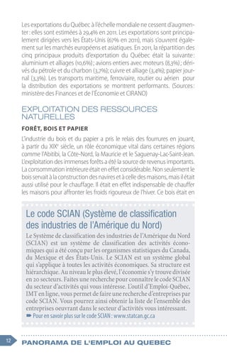 12 Panorama de l'emploi au quebec
Les exportations du Québec à l’échelle mondiale ne cessent d’augmen-
ter : elles sont estimées à 29,4% en 2011. Les exportations sont principa-
lement dirigées vers les États-Unis (67% en 2011), mais s’ouvrent égale-
ment sur les marchés européens et asiatiques. En 2011, la répartition des
cinq principaux produits d’exportation du Québec était la suivante 
:
aluminium et alliages (10,6%) ; avions entiers avec moteurs (8,3%) ; déri-
vés du pétrole et du charbon (3,7%); cuivre et alliage (3,4%); papier jour-
nal (3,3%). Les transports maritime, ferroviaire, routier ou aérien pour
la distribution des exportations se montrent performants. (Sources 
:
ministère des Finances et de l’Économie et CIRANO)
Exploitation des ressources
naturelles
Forêt, bois et papier
L’industrie du bois et du papier a pris le relais des fourrures en jouant,
à partir du XIXe
siècle, un rôle économique vital dans certaines régions
comme l’Abitibi, la Côte-Nord, la Mauricie et le Saguenay-Lac-Saint-Jean.
L’exploitation des immenses forêts a été la source de revenus importants.
Laconsommationintérieureétaiteneffetconsidérable.Nonseulementle
boisservaitàlaconstructiondesnaviresetàcelledesmaisons,maisilétait
aussi utilisé pour le chauffage. Il était en effet indispensable de chauffer
les maisons pour affronter les froids rigoureux de l’hiver. Ce bois était en
Le code SCIAN (Système de classification
des industries de l’Amérique du Nord)
Le Système de classification des industries de l’Amérique du Nord
(SCIAN) est un système de classification des activités écono-
miques qui a été conçu par les organismes statistiques du Canada,
du Mexique et des États-Unis. Le SCIAN est un système global
qui s’applique à toutes les activités économiques. Sa structure est
hiérarchique. Au niveau le plus élevé, l’économie s’y trouve divisée
en 20 secteurs. Faites une recherche pour connaître le code SCIAN
du secteur d’activités qui vous intéresse. L’outil d’Emploi-Québec,
IMTenligne,vouspermetdefaireunerecherched’entreprisespar
code SCIAN. Vous pourrez ainsi obtenir la liste de l’ensemble des
entreprises oeuvrant dans le secteur d’activités vous intéressant.
–
–Pour en savoir plus sur le code SCIAN : www.statcan.gc.ca
 