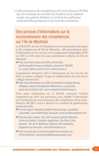 123
Comprendre l'univers du travail québécois
❯
❯ la Reconnaissance des compétences de la main-d’oeuvre (RCMO),
qui est la stratégie du ministère de l’Emploi et de la Solidarité
sociale, vous permet d’obtenir un Certificat de qualification
professionnelle qui équivaut à une carte de compétence.
Des services d’informations sur la
reconnaissance des compétences
sur l’île de Montréal
Le SERACIM, Service d’évaluation et de reconnaissance des acquis
et des compétences de l’île de Montréal, offre gratuitement toute
l’information sur les services et les programmes disponibles (DEP
ou ASP) en RAC dans les cinq commissions scolaires de l’île de
Montréal.
–
–Pour toute information sur la RAC en formation
professionnelle (niveau secondaire), contactez le SERACIM
au 514 687-3888 ou visitez le site : www.seracim.ca
Compétences Montréal offre l’information sur les services de
RAC au niveau collégial. Il agit en collaboration avec les douze
collèges montréalais.
–
–Pour toute information sur la RAC en formation technique (niveau
collégial), contactez Compétences Montréal au 514 789 0067,
poste 203 ou visitez le site : www.competencesmontreal.qc.ca
Pour toute information sur la RCMO, contactez Certifié
Compétent qui offre aux personnes sans emploi l’information
sur le processus de reconnaissance des compétences de la main-
d’œuvre (RCMO) visant à obtenir un certificat de qualification
professionnelle.
–
–Pour les régions : Montréal, Abitibi-Témiscamingue, Lanaudière,
Laurentides, Laval, Montérégie, Outaouais. www.certifiecompetent.com
–
–Pour les autres régions : Bas-Saint-Laurent, Capitale-Nationale,
Centre-du-Québec, Chaudière-Appalaches, Côte-Nord, Estrie,
Gaspésie - Îles-de-la-Madeleine, Mauricie, Nord du Québec,
Saguenay-Lac-Saint-Jean : www.libreemploi.qc.ca
–
–Pour en savoir plus sur ces trois organismes ressources sur
l’île de Montréal : www.leportaildelareconnaissance.org
 