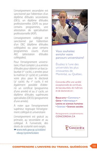 133
Comprendre l'univers du travail québécois
L’enseignement secondaire est
sanctionné par l’obtention d’un
diplôme d’études secondaires
(DES), un diplôme d’études
professionnelles (DEP) ou pour
certains programmes, une
attestation de spécialisation
professionnelle (ASP).
L’enseignement collégial est
sanctionné par l’obtention
d’un DEC (diplôme d’études
collégiales) ou pour certains
programmes courts d’une
AEC (attestation d’études
collégiales).
Pour l’enseignement universi-
taire, il faut compter 3 à 4 années
d’études pour obtenir un bacca-
lauréat (1er
cycle), 2 années pour
la maîtrise (2e
cycle) et 3 années
voire plus pour le doctorat
(3e
cycle). Au 1er
cycle, il est
également possible d’obte-
nir un certificat (programme
d’une année) et au 2e
cycle, un
diplôme d’études supérieures
spécialisées (DESS) (programme
d’une année).
À noter que l’enseignement
supérieur regroupe l’enseigne-
ment collégial et universitaire
L’enseignement est gratuit au
primaire, au secondaire et au
collégial. À l’université, des
droits de scolarité sont exigés.
–
–www.mels.gouv.qc.ca/scolaire/
educqc/systemeScolaire
Vous souhaitez
enrichir votre
parcours universitaire?
Étudiez à l’une des
universités les plus
innovantes de
Montréal, au Québec.
Concordia offre une variété
exceptionnelle de certificats,
de baccalauréats, de maîtrises
et de doctorats en :
Beaux-arts • Commerce •
Génie • Informatique •
Lettres et sciences humaines
• Sciences • Sciences sociales
Renseignements complémentaires:
CONCORDIA.CA
 
