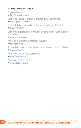 138 Comprendre l'univers du travail québécois
Formation à distance
Cegep@distance :
–
–http://cegepadistance.ca
Centre régional de formation à distance du Grand Montréal :
–
–www.cspi.qc.ca/distance
Comité de liaison interordres en formation à distance (CLIFAD) :
–
–www.clifad.qc.ca
Le Formateur (portail des formations en ligne offertes par des cégeps
du Québec) :
–
–www.le-formateur.com
Portail de la formation à distance au Québec :
–
–http://portailfad.qc.ca
SociétédeformationàdistancedescommissionsscolairesduQuébec :
–
–www.sofad.qc.ca
Formation à distance assistée (FADA) :
–
–www.fadassistee.ca
Télé-université - TELUQ :
–
–www.teluq.uquebec.ca
 