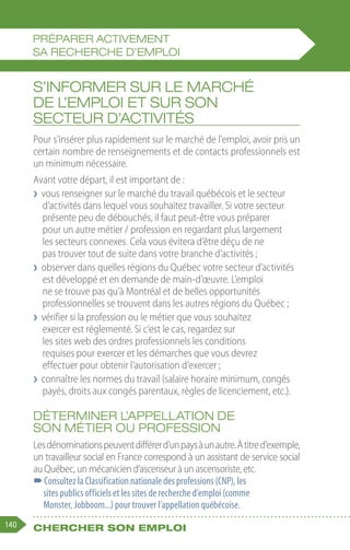 140 Chercher son emploi
S’informer sur le marché
de l’emploi et sur son
secteur d’activités
Pour s’insérer plus rapidement sur le marché de l’emploi, avoir pris un
certain nombre de renseignements et de contacts professionnels est
un minimum nécessaire.
Avant votre départ, il est important de :
❯
❯ vous renseigner sur le marché du travail québécois et le secteur
d’activités dans lequel vous souhaitez travailler. Si votre secteur
présente peu de débouchés, il faut peut-être vous préparer
pour un autre métier / profession en regardant plus largement
les secteurs connexes. Cela vous évitera d’être déçu de ne
pas trouver tout de suite dans votre branche d’activités ;
❯
❯ observer dans quelles régions du Québec votre secteur d’activités
est développé et en demande de main-d’œuvre. L’emploi
ne se trouve pas qu’à Montréal et de belles opportunités
professionnelles se trouvent dans les autres régions du Québec ;
❯
❯ vérifier si la profession ou le métier que vous souhaitez
exercer est réglementé. Si c’est le cas, regardez sur
les sites web des ordres professionnels les conditions
requises pour exercer et les démarches que vous devrez
effectuer pour obtenir l’autorisation d’exercer ;
❯
❯ connaître les normes du travail (salaire horaire minimum, congés
payés, droits aux congés parentaux, règles de licenciement, etc.).
Déterminer l’appellation de
son métier ou profession
Lesdénominationspeuventdifférerd’unpaysàunautre.Àtitred’exemple,
un travailleur social en France correspond à un assistant de service social
au Québec, un mécanicien d’ascenseur à un ascensoriste, etc.
–
–Consultez la Classification nationale des professions (CNP), les
sites publics officiels et les sites de recherche d’emploi (comme
Monster, Jobboom...) pour trouver l’appellation québécoise.
PRÉPARER ACTIVEMENT
SA RECHERCHE D’EMPLOI
 