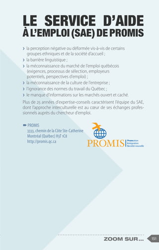 151
zoom sur ...
❯
❯ la perception négative ou déformée vis-à-vis de certains
groupes ethniques et de la société d’accueil ;
❯
❯ la barrière linguistique ;
❯
❯ la méconnaissance du marché de l’emploi québécois
(exigences, processus de sélection, employeurs
potentiels, perspectives d’emploi) ;
❯
❯ la méconnaissance de la culture de l’entreprise ;
❯
❯ l’ignorance des normes du travail du Québec ;
❯
❯ le manque d’informations sur les marchés ouvert et caché.
Plus de 25 années d’expertise-conseils caractérisent l’équipe du SAE,
dont l’approche interculturelle est au cœur de ses échanges profes-
sionnels auprès du chercheur d’emploi.
–
–PROMIS
3333, chemin de la Côte Ste-Catherine
Montréal (Québec) H3T 1C8 
http://promis.qc.ca
LE SERVICE D’AIDE
ÀL’EMPLOI(SAE)DEPROMIS
Promotion
Intégration
Société nouvelle
 
