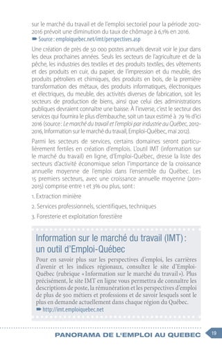 19
Panorama de l'emploi au quebec
sur le marché du travail et de l’emploi sectoriel pour la période 2012-
2016 prévoit une diminution du taux de chômage à 6,1% en 2016. 
–
–Source : emploiquebec.net/imt/perspectives.asp
Une création de près de 50 000 postes annuels devrait voir le jour dans
les deux prochaines années. Seuls les secteurs de l’agriculture et de la
pêche, les industries des textiles et des produits textiles, des vêtements
et des produits en cuir, du papier, de l’impression et du meuble, des
produits pétroliers et chimiques, des produits en bois, de la première
transformation des métaux, des produits informatiques, électroniques
et électriques, du meuble, des activités diverses de fabrication, soit les
secteurs de production de biens, ainsi que celui des administrations
publiques devraient connaître une baisse. À l’inverse, c’est le secteur des
services qui fournira le plus d’embauche, soit un taux estimé à 79 % d’ici
2016 (source : Le marché du travail et l’emploi par industrie au Québec, 2012-
2016, Information sur le marché du travail, Emploi-Québec, mai 2012).
Parmi les secteurs de services, certains domaines seront particu-
lièrement fertiles en création d’emplois. L’outil IMT (information sur
le marché du travail) en ligne, d’Emploi-Québec, dresse la liste des
secteurs d’activité économique selon l’importance de la croissance
annuelle moyenne de l’emploi dans l’ensemble du Québec. Les
15 premiers secteurs, avec une croissance annuelle moyenne (2011-
2015) comprise entre 1 et 3% ou plus, sont :
1. Extraction minière
2. Services professionnels, scientifiques, techniques
3. Foresterie et exploitation forestière
Information sur le marché du travail (IMT) :
un outil d’Emploi-Québec
Pour en savoir plus sur les perspectives d’emploi, les carrières
d’avenir et les indices régionaux, consultez le site d’Emploi-
Québec (rubrique « Information sur le marché du travail »). Plus
précisément, le site IMT en ligne vous permettra de connaître les
descriptions de poste, la rémunération et les perspectives d’emploi
de plus de 500 métiers et professions et de savoir lesquels sont le
plus en demande actuellement dans chaque région du Québec.
–
–http://imt.emploiquebec.net
 