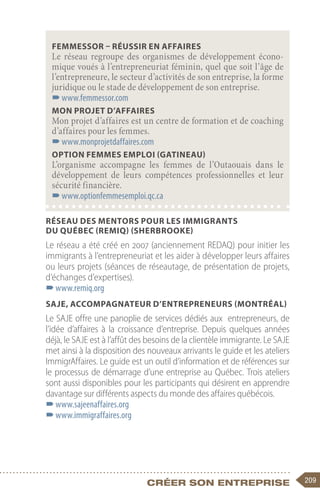 209
Créer son entreprise
Réseau des mentors pour les immigrants
du Québec (REMIQ) (Sherbrooke)
Le réseau a été créé en 2007 (anciennement REDAQ) pour initier les
immigrants à l’entrepreneuriat et les aider à développer leurs affaires
ou leurs projets (séances de réseautage, de présentation de projets,
d’échanges d’expertises).
–
–www.remiq.org
SAJE, accompagnateur d’entrepreneurs (Montréal)
Le SAJE offre une panoplie de services dédiés aux entrepreneurs, de
l’idée d’affaires à la croissance d’entreprise. Depuis quelques années
déjà, le SAJE est à l’affût des besoins de la clientèle immigrante. Le SAJE
met ainsi à la disposition des nouveaux arrivants le guide et les ateliers
ImmigrAffaires. Le guide est un outil d’information et de références sur
le processus de démarrage d’une entreprise au Québec. Trois ateliers
sont aussi disponibles pour les participants qui désirent en apprendre
davantage sur différents aspects du monde des affaires québécois.
–
–www.sajeenaffaires.org
–
–www.immigraffaires.org
FEMMESSOR – Réussir en affaires
Le réseau regroupe des organismes de développement écono-
mique voués à l’entrepreneuriat féminin, quel que soit l’âge de
l’entrepreneure, le secteur d’activités de son entreprise, la forme
juridique ou le stade de développement de son entreprise.
–
–www.femmessor.com
Mon projet d’affaires
Mon projet d’affaires est un centre de formation et de coaching
d’affaires pour les femmes.
–
–www.monprojetdaffaires.com
Option Femmes Emploi (Gatineau)
L’organisme accompagne les femmes de l’Outaouais dans le
développement de leurs compétences professionnelles et leur
sécurité financière.
–
–www.optionfemmesemploi.qc.ca
 