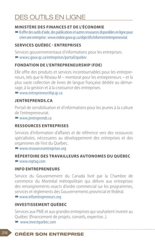 210 Créer son entreprise
Des outils en ligne
Ministère des Finances et de l’Économie
–
–Iloffredesoutilsd’aide,despublicationsetautresressourcesdisponiblesenlignepour
créeruneentreprise:www.mdeie.gouv.qc.ca/objectifs/informer/entrepreneuriat
Services Québec - Entreprises
Services gouvernementaux d’informations pour les entreprises.
–
–www2.gouv.qc.ca/entreprises/portail/quebec
Fondation de l’entrepreneurship (FDE)
Elle offre des produits et services incontournables pour les entrepre-
neurs, tels que le Réseau M – mentorat pour les entrepreneurs – et la
plus vaste collection de livres de langue française dédiée au démar-
rage, à la gestion et à la croissance des entreprises.
–
–www.entrepreneurship.qc.ca
Jentreprends.ca
Portail de sensibilisation et d’informations pour les jeunes à la culture
de l’entrepreneuriat.
–
–www.jentreprends.ca
Ressources entreprises
Services d’information d’affaires et de référence vers des ressources
spécialisées, nécessaires au développement des entreprises et des
organismes de l’est du Québec.
–
–www.ressourcesentreprises.org
Répertoire des travailleurs autonomes du Québec
–
–www.reptaq.com
Info entrepreneurs
Service du Gouvernement du Canada livré par la Chambre de
commerce du Montréal métropolitain qui délivre aux entreprises
des renseignements exacts d’ordre commercial sur les programmes,
services et règlements des Gouvernements provincial et fédéral.
–
–www.infoentrepreneurs.org
Investissement Québec
Services aux PME et aux grandes entreprises qui souhaitent investir au
Québec (financement de projets, conseils, expertise...).
–
– www.investquebec.com
 
