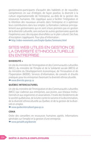 224 Boîte à outils employeurs
gestionnaires-participants d’acquérir des habiletés et de nouvelles
compétences en vue d’intégrer, de façon positive, la diversité à la
culture organisationnelle de l’entreprise, au-delà de la gestion des
ressources humaines. Elle s’applique aussi à faciliter l’intégration et
la rétention des nouveaux arrivants dans l’entreprise et à optimiser
leurs contributions dans leur emploi. La formation s’adresse principa-
lement aux gestionnaires qui en sont à leurs premiers pas en gestion
de la diversité culturelle, sans exclure les autres gestionnaires ayant de
l’expérience avec des équipes diversifiées sur le plan culturel. Des frais
d’inscription s’appliquent. Pour plus d’information :
–
–http://video-evenements.com/Emploi-Quebec/Seminaire7.html
Sites web utiles en gestion de
la diversité ethnoculturelle
en entreprise
Diversité +
Un site du ministère de l’Immigration et des Communautés culturelles
(MICC), du ministère de l’Emploi et de la Solidarité sociale (MESS) et
du ministère du Développement économique, de l’Innovation et de
l’Exportation (MDEIE). Services d’information, de conseils et d’outils
pratiques pour les entreprises favorisant la diversité ethnoculturelle.
–
–www.diversite.gouv.qc.ca
Québec interculturel
Un site du ministère de l’Immigration et des Communautés culturelles
(MICC) qui s’adresse aux entreprises, aux jeunes, aux réseaux institu-
tionnels et aux organismes et associations. Il traite des fondements de
la société québécoise, de la lutte contre le racisme et la discrimination,
de la diversité ethnoculturelle au Québec et de la gestion de la diver-
sité en emploi.
–
–www.quebecinterculturel.gouv.qc.ca
CRHA
Ordre des conseillers en ressources humaines agréés. Informations
générales sur l’emploi et la gestion d’une entreprise.
–
–www.portailrh.org/diversite
 