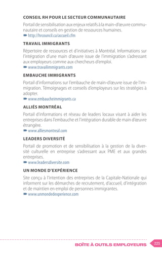 225
Boîte à outils employeurs
Conseil RH pour le secteur communautaire
Portaildesensibilisationauxenjeuxrelatifsàlamain-d’œuvrecommu-
nautaire et conseils en gestion de ressources humaines.
–
–http://hrcouncil.ca/accueil.cfm
Travail immigrants
Répertoire de ressources et d’initiatives à Montréal. Informations sur
l’intégration d’une main d’œuvre issue de l’immigration s’adressant
aux employeurs comme aux chercheurs d’emploi.
–
–www.travailimmigrants.com
Embauche immigrants
Portail d’informations sur l’embauche de main-d’œuvre issue de l’im-
migration. Témoignages et conseils d’employeurs sur les stratégies à
adopter.
–
–www.embaucheimmigrants.ca
Alliés Montréal
Portail d’informations et réseau de leaders locaux visant à aider les
entreprises dans l’embauche et l’intégration durable de main d’œuvre
étrangère.
–
–www.alliesmontreal.com
Leaders diversité
Portail de promotion et de sensibilisation à la gestion de la diver-
sité culturelle en entreprise s’adressant aux PME et aux grandes
entreprises.
–
–www.leadersdiversite.com
Un monde d’expérience
Site conçu à l’intention des entreprises de la Capitale-Nationale qui
informent sur les démarches de recrutement, d’accueil, d’intégration
et de maintien en emploi de personnes immigrantes.
–
–www.unmondedexperience.com
 