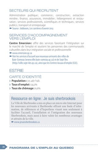 36 Panorama de l'emploi au quebec
SECTEURS QUI RECRUTENT
Administration publique 
; commerce 
; construction 
; extraction
minière 
; finance, assurances, immobilier 
; hébergement et restau-
ration ; services professionnels, scientifiques et techniques ; services
publics ; transport et entreposage
–
–Source : Jobboom, Les carrières d’avenir 2013
SERVICES D’ACCOMPAGNEMENT
VERS L’EMPLOI
Centre Emersion : offre des services favorisant l’intégration sur
le marché de l’emploi et soutient les personnes des communautés
culturelles dans leur intégration sociale et professionnelle
–
–www.emersion.qc.ca
–
–Voir les services d’accueil aux nouveaux arrivants des villes de
Baie-Comeau (www.ville.baie-comeau.qc.ca) et de Sept-Îles
(http://ville.sept-iles.qc.ca), ainsi que les Centres locaux d’emploi (CLE).
ESTRIE
CARTE D’IDENTITÉ
❯
❯ Population : 315 487 hab.
❯
❯ Taux d’emploi : 59,2%
❯
❯ Taux de chômage : 6,6%
Ressource en ligne : Je suis sherbrookois
La Ville de Sherbrooke a mis en place un micro site Internet pour
les nouveaux arrivants à Sherbrooke offrant une foule d’infor-
mation, de références et d’hyperliens visant non seulement à
faciliter l’accueil, l’installation et l’intégration des nouveaux
Sherbrookois, mais aussi à faire valoir les nombreux avantages
et attraits de la ville.
–
–www.jesuissherbrookois.ca
 