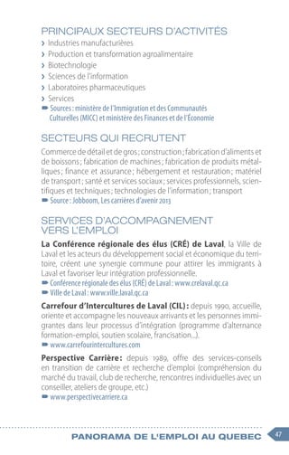 47
Panorama de l'emploi au quebec
PRINCIPAUX SECTEURS D’ACTIVITÉS
❯
❯ Industries manufacturières
❯
❯ Production et transformation agroalimentaire
❯
❯ Biotechnologie
❯
❯ Sciences de l’information
❯
❯ Laboratoires pharmaceutiques
❯
❯ Services
–
–Sources : ministère de l’Immigration et des Communautés
Culturelles (MICC) et ministère des Finances et de l’Économie
SECTEURS QUI RECRUTENT
Commercededétailetdegros ;construction ;fabricationd’alimentset
de boissons ; fabrication de machines ; fabrication de produits métal-
liques ; finance et assurance ; hébergement et restauration ; matériel
de transport ; santé et services sociaux ; services professionnels, scien-
tifiques et techniques ; technologies de l’information ; transport
–
–Source : Jobboom, Les carrières d’avenir 2013
SERVICES D’ACCOMPAGNEMENT
VERS L’EMPLOI
La Conférence régionale des élus (CRÉ) de Laval, la Ville de
Laval et les acteurs du développement social et économique du terri-
toire, créent une synergie commune pour attirer les immigrants à
Laval et favoriser leur intégration professionnelle.
–
–Conférence régionale des élus (CRÉ) de Laval : www.crelaval.qc.ca
–
–Ville de Laval : www.ville.laval.qc.ca
Carrefour d’Intercultures de Laval (CIL) : depuis 1990, accueille,
oriente et accompagne les nouveaux arrivants et les personnes immi-
grantes dans leur processus d’intégration (programme d’alternance
formation-emploi, soutien scolaire, francisation...).
–
–www.carrefourintercultures.com
Perspective Carrière : depuis 1989, offre des services-conseils
en transition de carrière et recherche d’emploi (compréhension du
marché du travail, club de recherche, rencontres individuelles avec un
conseiller, ateliers de groupe, etc.)
–
–www.perspectivecarriere.ca
 