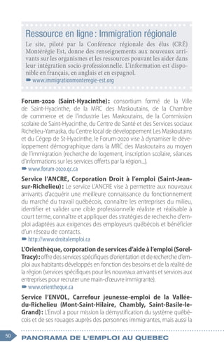 50 Panorama de l'emploi au quebec
Forum-2020  (Saint-Hyacinthe) : consortium formé de la Ville
de Saint-Hyacinthe, de la MRC des Maskoutains, de la Chambre
de commerce et de l’industrie Les Maskoutains, de la Commission
scolaire de Saint-Hyacinthe, du Centre de Santé et des Services sociaux
Richelieu-Yamaska, du Centre local de développement Les Maskoutains
et du Cégep de St-Hyacinthe, le Forum-2020 vise à dynamiser le déve-
loppement démographique dans la MRC des Maskoutains au moyen 
de l’immigration (recherche de logement, inscription scolaire, séances
d’informations sur les services offerts par la région...).
–
–www.forum-2020.qc.ca
Service l’ANCRE, Corporation Droit à l’emploi (Saint-Jean-
sur-Richelieu) : Le service L’ANCRE vise à permettre aux nouveaux
arrivants d’acquérir une meilleure connaissance du fonctionnement
du marché du travail québécois, connaître les entreprises du milieu,
identifier et valider une cible professionnelle réaliste et réalisable à
court terme, connaître et appliquer des stratégies de recherche d’em-
ploi adaptées aux exigences des employeurs québécois et bénéficier
d’un réseau de contacts.
–
–http://www.droitalemploi.ca
L’Orienthèque, corporation de services d’aide à l’emploi (Sorel-
Tracy) :offredesservicesspécifiquesd’orientationetderecherched’em-
ploi aux habitants développés en fonction des besoins et de la réalité de
la région (services spécifiques pour les nouveaux arrivants et services aux
entreprises pour recruter une main-d’œuvre immigrante).
–
–www.orientheque.ca
Service l’ENVOL, Carrefour jeunesse-emploi de la Vallée-
du-Richelieu (Mont-Saint-Hilaire, Chambly, Saint-Basile-le-
Grand) : L’Envol a pour mission la démystification du système québé-
cois et de ses rouages auprès des personnes immigrantes, mais aussi la
Ressource en ligne : Immigration régionale
Le site, piloté par la Conférence régionale des élus (CRÉ)
Montérégie Est, donne des renseignements aux nouveaux arri-
vants sur les organismes et les ressources pouvant les aider dans
leur intégration socio-professionnelle. L’information est dispo-
nible en français, en anglais et en espagnol.
–
–www.immigrationmonteregie-est.org
 