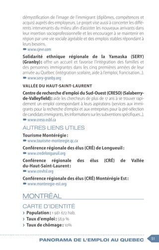 51
Panorama de l'emploi au quebec
démystification de l’image de l’immigrant (diplômes, compétences et
acquis) auprès des employeurs. Le projet vise aussi à concerter les diffé-
rents intervenants du milieu afin d’assister les nouveaux arrivants dans
leur insertion socioprofessionnelle et les encourager à se maintenir en
région par une vie sociale agréable et des emplois stables répondant à
leurs besoins.
–
–www.cjevr.com
Solidarité ethnique régionale de la Yamaska (SERY)
(Granby) : offre un accueil et favorise l’intégration des familles et
des personnes immigrantes dans les cinq premières années de leur
arrivée au Québec (intégration scolaire, aide à l’emploi, francisation...).
–
–www.sery-granby.org
Vallée du Haut-Saint-Laurent
Centre de recherche d’emploi du Sud-Ouest (CRESO) (Salaberry-
de-Valleyfield) : aide les chercheurs de plus de 17 ans à se trouver rapi-
dement un emploi correspondant à leurs aspirations (services aux immi-
grants pour la recherche d’emploi et aux entreprises pour la pré-sélection
decandidatsimmigrants,lesinformationssurlessubventionsspécifiques...).
–
–www.creso.osbl.ca
AUTRES LIENS UTILES
Tourisme Montérégie :
–
–www.tourisme-monteregie.qc.ca
Conférence régionale des élus (CRÉ) de Longueuil :
–
–www.credelongueuil.org
Conférence régionale des élus (CRÉ) de Vallée
du-Haut-Saint-Laurent :
–
–www.crevhsl.org
Conférence régionale des élus (CRÉ) Montérégie Est :
–
–www.monteregie-est.org
MONTRÉAL
CARTE D’IDENTITÉ
❯
❯ Population : 1 981 672 hab.
❯
❯ Taux d’emploi : 58,9 %
❯
❯ Taux de chômage : 10%
 