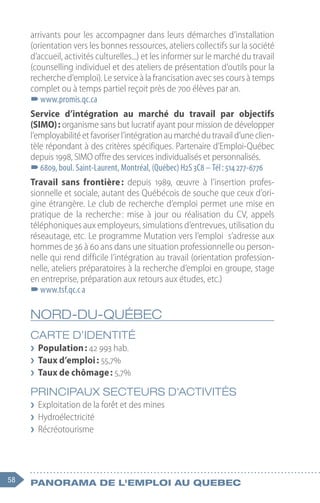 58 Panorama de l'emploi au quebec
arrivants pour les accompagner dans leurs démarches d’installation
(orientation vers les bonnes ressources, ateliers collectifs sur la société
d’accueil, activités culturelles...) et les informer sur le marché du travail
(counselling individuel et des ateliers de présentation d’outils pour la
recherche d’emploi). Le service à la francisation avec ses cours à temps
complet ou à temps partiel reçoit près de 700 élèves par an.
–
–www.promis.qc.ca
Service d’intégration au marché du travail par objectifs
(SIMO) : organisme sans but lucratif ayant pour mission de développer
l’employabilitéetfavoriserl’intégrationaumarchédutravaild’uneclien-
tèle répondant à des critères spécifiques. Partenaire d’Emploi-Québec
depuis 1998, SIMO offre des services individualisés et personnalisés.
–
–6809, boul. Saint-Laurent, Montréal, (Québec) H2S 3C8 – Tél : 514 277-6776
Travail sans frontière 
: depuis 1989, œuvre à l’insertion profes-
sionnelle et sociale, autant des Québécois de souche que ceux d’ori-
gine étrangère. Le club de recherche d’emploi permet une mise en
pratique de la recherche 
: mise à jour ou réalisation du CV, appels
téléphoniques aux employeurs, simulations d’entrevues, utilisation du
réseautage, etc. Le programme Mutation vers l’emploi s’adresse aux
hommes de 36 à 60 ans dans une situation professionnelle ou person-
nelle qui rend difficile l’intégration au travail (orientation profession-
nelle, ateliers préparatoires à la recherche d’emploi en groupe, stage
en entreprise, préparation aux retours aux études, etc.)
–
–www.tsf.qc.c a
NORD-DU-QUÉBEC
CARTE D’IDENTITÉ
❯
❯ Population : 42 993 hab.
❯
❯ Taux d’emploi : 55,7%
❯
❯ Taux de chômage : 5,7%
PRINCIPAUX SECTEURS D’ACTIVITÉS
❯
❯ Exploitation de la forêt et des mines
❯
❯ Hydroélectricité
❯
❯ Récréotourisme
 