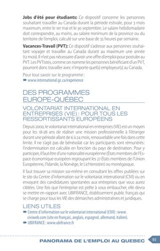93
Panorama de l'emploi au quebec
Jobs d’été pour étudiants: Ce dispositif concerne les personnes
souhaitant travailler au Canada durant la période estivale, pour 3 mois
maximum, entre le 1er mai et le 30 septembre. Le salaire hebdomadaire
doit correspondre, au moins, au salaire minimum de la province ou du
territoire de l’emploi, calculé sur une base de 35 heures par semaine.
Vacances-Travail (PVT): Ce dispositif s’adresse aux personnes souhai-
tant voyager et travailler au Canada durant au maximum une année
(12 mois).Iln’estpasnécessaired’avoiruneoffred’emploipourpostulerau
PVT.LesPVTistes,commeonnommelespersonnesbénéficiantd’unPVT,
pourront donc travailler avec n’importe quel(s) employeur(s) au Canada.
Pour tout savoir sur le programme :
–
–www.international.gc.ca/experience
DES PROGRAMMES
EUROPE-QUÉBEC
Volontariat international en
entreprises (VIE) : pour tous les
ressortissants européens
Depuis2000,levolontariatinternationalenentreprises(VIE)estunmoyen
pour les 18-28 ans de réaliser une mission professionnelle à l’étranger
durantunepériodeallantde6 à24 mois,renouvelableunefoisdanscette
limite. Il ne s’agit pas de bénévolat car les participants sont rémunérés :
l’indemnisation est calculée en fonction du pays de destination. Pour y
participer,ilfautêtred’unenationalitéeuropéenne(Étatsmembresdel’Es-
pace économique européen regroupant les 27 États membres de l’Union
Européenne, l’Islande, la Norvège, le Lichtenstein) ou monégasque.
Il faut trouver sa mission soi-même en consultant les offres publiées sur
le site du Centre d’information sur le volontariat international (CIVI) ou en
envoyant des candidatures spontanées aux entreprises que vous aurez
ciblées. Une fois que l’entreprise est prête à vous embaucher, elle devra
se mettre en rapport avec UBIFRANCE, établissement public français qui
se charge pour tous les VIE des démarches administratives et juridiques.
Liens utiles
–
–Centre d’information sur le volontariat international (CIVI) : www.
civiweb.com (site en français, anglais, espagnol, allemand, italien).
–
–UBIFRANCE : www.ubifrance.fr
 
