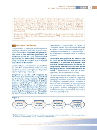 Conception et réalisation
                                                                       des études sectorielles et préliminaires                    Guide   1



      Prenant appui sur le matériel et l’expertise disponibles, plusieurs pays ayant amorcé un
      processus de refondation ou de réforme en profondeur de leur formation professionnelle
      ont développé leur propre modèle d’approche par compétences ainsi que les outils qui
      l’accompagnent. C’est le cas, notamment, de la Tunisie, du Maroc, de l’Algérie, du Bénin,
      du Burkina Faso, du Cameroun, du Mali et de la Guinée (voir les documents de l’UNESCO
      ainsi que ceux de l’Algérie, du Cameroun, de la Guinée, du Maroc et de la Tunisie dans la
      bibliographie).
      Les guides méthodologiques de l’OIF s’inspirent de ces diverses approches tout en cherchant
      à mettre en évidence les éléments caractéristiques de l’APC et communs à la majorité de
      ces approches.



 1.2 UNE DOUBLE INGÉNIERIE                                                Ces sujets sont présentés dans Les Cahiers de
                                                                          l’ingénierie traitant des orientations politiques
L’ingénierie de la formation professionnelle et                           et des structures gouvernementales (cahier 1),
technique est définie dans Les Cahiers de l’ingé-                         de la gestion centrale de la formation (cahier 2)
nierie comme étant «l’ensemble des politiques,                            et de la mise en œuvre locale de la formation
des outils et des méthodes permettant de                                  (cahier 4).
mettre en œuvre, de façon coordonnée et
rigoureuse, les démarches de conception,                                  L’ingénierie pédagogique est centrée sur
d’organisation, d’exécution et d’évaluation                               les outils et les méthodes conduisant à la
des actions de formation10. »                                             conception, à la réalisation et à la mise à jour
                                                                          continue des référentiels de formation ou
Dans les faits, on peut considérer qu’un système                          programmes d’études ainsi que des guides
de formation professionnelle repose sur une                               pédagogiques qui en facilitent la mise en
double ingénierie : une ingénierie de gestion                             œuvre. C’est l’essence du cahier 3 sur le déve-
et une ingénierie pédagogique.                                            loppement des programmes d’études.
L’ingénierie de gestion est composée de                                   On a souvent tendance à traiter les deux ingé-
l’ensemble des constituantes qui permettent                               nieries séparément et à présenter l’ingénierie
de définir une politique nationale de FPT, de                             pédagogique comme un processus linéaire basé
la mettre en place, d’appliquer et de faire                               sur l’analyse du marché du travail, l’analyse de la
évoluer un cadre légal et réglementaire, de                               situation de travail (métier), le développement
structurer et d’administrer les principaux sys-                           d’un référentiel de formation, la production
tèmes de gestion des ressources humaines,                                 de guides ou matériel pédagogique complé-
financières et matérielles, d’assurer la mise en                          mentaires et l’appui à la mise en œuvre de la
œuvre de la formation ainsi que l’évaluation                              formation. (Voir figure 2)
de la performance de l’ensemble du système.

Figure 2

                                                                                                                      Guides ou
           Marché                              Portrait                           Référentiel                          matériel
          du travail                          du métier                          de formation                        pédagogique




10
     Québec, ministère de l’Éducation, L’ingénierie de la formation professionnelle et technique, Cahier 1, Orientations, politiques
     et structures gouvernementales, 2002, p. 5, référence bibliographique no 4.




                Les guides méthodologiques d’appui à la mise en œuvre de l’approche par compétences en formation professionnelle           7
 