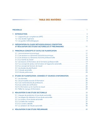 TABLE DES MATIÈRES



PRÉAMBULE                  ...........................................................................................................                                                                                       1

1   INTRODUCTION                           ..................................................................................................                                                                                3
    1.1 L’approche par compétences (APC) . . . . . . . . . . . . . . . . . . . . . . . . . . . . . . . . . . . . . . . . . . . . . . . . . . . . . . . . . . . . . . . . . . . . . . .                                       4
    1.2 Une double ingénierie . . . . . . . . . . . . . . . . . . . . . . . . . . . . . . . . . . . . . . . . . . . . . . . . . . . . . . . . . . . . . . . . . . . . . . . . . . . . . . . . . . . . . . .                  7
    1.3 Les guides méthodologiques . . . . . . . . . . . . . . . . . . . . . . . . . . . . . . . . . . . . . . . . . . . . . . . . . . . . . . . . . . . . . . . . . . . . . . . . . . . . . . .                             8

2   PRÉSENTATION DU GUIDE MÉTHODOLOGIQUE CONCEPTION
    ET RÉALISATION DES ÉTUDES SECTORIELLES ET PRÉLIMINAIRES                                                                                                ...................................                              11

3   PRINCIPAUX CONCEPTS ET OUTILS DE PLANIFICATION                                                                                    ...............................................                                       17
    3.1 L’environnement économique . . . . . . . . . . . . . . . . . . . . . . . . . . . . . . . . . . . . . . . . . . . . . . . . . . . . . . . . . . . . . . . . . . . . . . . . . . . . . .                              17
    3.1.1 Les secteurs ou domaines d’activité économique . . . . . . . . . . . . . . . . . . . . . . . . . . . . . . . . . . . . . . . . . . . . . . . . . . . . .                                                          17
    3.1.2 Les secteurs ou domaines d’activité professionnelle . . . . . . . . . . . . . . . . . . . . . . . . . . . . . . . . . . . . . . . . . . . . . . . . . .                                                           18
    3.1.3 Le marché du travail . . . . . . . . . . . . . . . . . . . . . . . . . . . . . . . . . . . . . . . . . . . . . . . . . . . . . . . . . . . . . . . . . . . . . . . . . . . . . . . . . . . . . . . .              18
    3.2 Les besoins d’information de la formation professionnelle . . . . . . . . . . . . . . . . . . . . . . . . . . . . . . . . . . . . . . . . . . . .                                                                   19
    3.2.1 Le concept de secteur de formation et l’approche sectorielle . . . . . . . . . . . . . . . . . . . . . . . . . . . . . . . . . . . . . . .                                                                        19
    3.2.2 Le concept de fonction de travail . . . . . . . . . . . . . . . . . . . . . . . . . . . . . . . . . . . . . . . . . . . . . . . . . . . . . . . . . . . . . . . . . . . . . . . .                                 20
    3.3 Les études de planification . . . . . . . . . . . . . . . . . . . . . . . . . . . . . . . . . . . . . . . . . . . . . . . . . . . . . . . . . . . . . . . . . . . . . . . . . . . . . . . . .                       23
    3.3.1 L’étude sectorielle . . . . . . . . . . . . . . . . . . . . . . . . . . . . . . . . . . . . . . . . . . . . . . . . . . . . . . . . . . . . . . . . . . . . . . . . . . . . . . . . . . . . . . . . . .           23
    3.3.2 L’étude préliminaire . . . . . . . . . . . . . . . . . . . . . . . . . . . . . . . . . . . . . . . . . . . . . . . . . . . . . . . . . . . . . . . . . . . . . . . . . . . . . . . . . . . . . . . . .            24

4   ÉTUDES DE PLANIFICATION : DONNÉES ET SOURCES D’INFORMATION                                                                                                           ...........................                        25
    4.1 Les données . . . . . . . . . . . . . . . . . . . . . . . . . . . . . . . . . . . . . . . . . . . . . . . . . . . . . . . . . . . . . . . . . . . . . . . . . . . . . . . . . . . . . . . . . . . . . . . . . . .   25
    4.2 Les principales sources d’information . . . . . . . . . . . . . . . . . . . . . . . . . . . . . . . . . . . . . . . . . . . . . . . . . . . . . . . . . . . . . . . . . . . . .                                     26
    4.2.1 Les nomenclatures de professions . . . . . . . . . . . . . . . . . . . . . . . . . . . . . . . . . . . . . . . . . . . . . . . . . . . . . . . . . . . . . . . . . . . . . . .                                    26
    4.2.2 Les cadres de certification . . . . . . . . . . . . . . . . . . . . . . . . . . . . . . . . . . . . . . . . . . . . . . . . . . . . . . . . . . . . . . . . . . . . . . . . . . . . . . . . .                     27
    4.2.3 L’information sur le marché du travail . . . . . . . . . . . . . . . . . . . . . . . . . . . . . . . . . . . . . . . . . . . . . . . . . . . . . . . . . . . . . . . . . . . .                                    28
    4.3 Pallier le manque d’information . . . . . . . . . . . . . . . . . . . . . . . . . . . . . . . . . . . . . . . . . . . . . . . . . . . . . . . . . . . . . . . . . . . . . . . . . . . .                             29

5   RÉALISATION D’UNE ÉTUDE SECTORIELLE                                                                ................................................................                                                     33
    5.1 L’équipe de production d’une étude sectorielle . . . . . . . . . . . . . . . . . . . . . . . . . . . . . . . . . . . . . . . . . . . . . . . . . . . . . . . . .                                                    33
    5.2 Les étapes de réalisation d’une étude sectorielle . . . . . . . . . . . . . . . . . . . . . . . . . . . . . . . . . . . . . . . . . . . . . . . . . . . . . . .                                                     33
    5.3 Le contenu d’une étude sectorielle . . . . . . . . . . . . . . . . . . . . . . . . . . . . . . . . . . . . . . . . . . . . . . . . . . . . . . . . . . . . . . . . . . . . . . . .                                  37
    5.3.1 La table des matières . . . . . . . . . . . . . . . . . . . . . . . . . . . . . . . . . . . . . . . . . . . . . . . . . . . . . . . . . . . . . . . . . . . . . . . . . . . . . . . . . . . . . .                 37
    5.3.2 Le contenu détaillé . . . . . . . . . . . . . . . . . . . . . . . . . . . . . . . . . . . . . . . . . . . . . . . . . . . . . . . . . . . . . . . . . . . . . . . . . . . . . . . . . . . . . . . . .             38
    5.4 La validation de l’étude sectorielle . . . . . . . . . . . . . . . . . . . . . . . . . . . . . . . . . . . . . . . . . . . . . . . . . . . . . . . . . . . . . . . . . . . . . . . .                                46

6   RÉALISATION D’UNE ÉTUDE PRÉLIMINAIRE                                                                 ...............................................................                                                    49
 