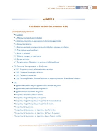 Conception et réalisation
                                                                des études sectorielles et préliminaires                    Guide   1



                                                      ANNEXE 3


                            Classification nationale des professions (CNP)

Descriptions des professions
  • 0 Gestion
  • 1 Affaires, finance et administration
  • 2 Sciences naturelles et appliquées et domaines apparentés
  • 3 Secteur de la santé
  • 4 Sciences sociales, enseignement, administration publique et religion
  • 5 Arts, culture, sports et loisirs
  • 6 Vente et services
  • 7 Métiers, transport et machinerie
  • 8 Secteur primaire
  • 9 Transformation, fabrication et services d’utilité publique

• 728 Personnel de maçonnerie et de plâtrage
  • 7281 Briqueteurs-maçons/briqueteuses-maçonnes
  • 7282 Finisseurs/finisseuses de béton
  • 7283 Carreleurs/carreleuses
  • 7284 Plâtriers/plâtrières, latteurs/latteuses et poseurs/poseuses de systèmes intérieurs

• 7281
  • apprenti briqueteur-maçon/apprentie briqueteuse-maçonne
  • apprenti briqueteur/apprentie briqueteuse
  • apprenti maçon/apprentie maçonne
  • briqueteur-âtrier/briqueteuse-âtrière
  • briqueteur-maçon/briqueteuse-maçonne
  • briqueteur-maçon/briqueteuse-maçonne de fours industriels
  • briqueteur-maçon/briqueteuse-maçonne de foyers
  • briqueteur/briqueteuse
  • briqueteur/briqueteuse à la réparation de cheminées
  • briqueteur/briqueteuse à la réparation de fours de cuisson
  • briqueteur/briqueteuse à la réparation de poches de coulée




         Les guides méthodologiques d’appui à la mise en œuvre de l’approche par compétences en formation professionnelle           59
 