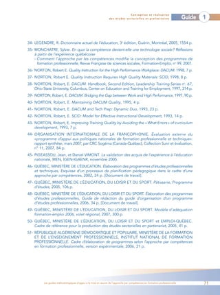 Conception et réalisation
                                                                 des études sectorielles et préliminaires                    Guide   1



34- LEGENDRE, R. Dictionnaire actuel de l’éducation, 3e édition, Guérin, Montréal, 2005, 1554 p.
35- MONCHATRE, Sylvie. En quoi la compétence devient-elle une technologie sociale? Réflexions
    à partir de l’expérience québécoise
    - Comment l’approche par les compétences modifie la conception des programmes de
      formation professionnelle, Revue Française de sciences sociales, Formation-Emploi, no 99, 2007.
36- NORTON, Robert E. Quality Instruction for the High Performance Workplace: DACUM. 1998, 7 p.
37- NORTON, Robert E. Quality Instruction Requires High Quality Materials: SCID, 1998, 8 p.
38- NORTON, Robert, E. DACUM. Handbook, Second Edition, Leadership Training Series no. 67,
    Ohio State University, Columbus, Center on Education and Training for Employment, 1997, 314 p.
39- NORTON, Robert, E. DACUM. Bridging the Gap between Work and High Performance, 1997, 90 p.
40- NORTON, Robert, E. Maintaining DACUM Quality, 1995, 4 p.
41- NORTON, Robert, E. DACUM and Tech Prep: Dynamic Duo, 1993, 23 p.
42- NORTON, Robert, E. SCID: Model for Effective Instructional Development, 1993, 14 p.
43- NORTON, Robert, E. Improving Training Quality by Avoiding the « What Errors » of curriculum
    development, 1993, 7 p.
44- ORGANISATION INTERNATIONALE DE LA FRANCOPHONIE. Évaluation externe du
    «programme d’appui aux politiques nationales de formation professionnelle et technique»:
    rapport synthèse, mars 2007, par CRC Sogéma (Canada-Québec), Collection Suivi et évaluation,
    n° 11, 2007, 84 p.
45- PIGEASSOU, Jean, et Daniel VIMONT. La validation des acquis de l’expérience à l’éducation
    nationale, MEN, IGEN-IGAENR, novembre 2005.
46- QUÉBEC, MINISTÈRE DE L’ÉDUCATION. Élaboration des programmes d’études professionnelles
    et techniques, Esquisse d’un processus de planification pédagogique dans le cadre d’une
    approche par compétences, 2002, 24 p. [Document de travail].
47- QUÉBEC, MINISTÈRE DE L’ÉDUCATION, DU LOISIR ET DU SPORT. Pâtisserie, Programme
    d’études, 2005, 106 p.
48- QUÉBEC, MINISTÈRE DE L’ÉDUCATION, DU LOISIR ET DU SPORT. Élaboration des programmes
    d’études professionnelles, Guide de rédaction du guide d’organisation d’un programme
    d’études professionnelles, 2006, 34 p. [Document de travail].
49- QUÉBEC, MINISTÈRE DE L’ÉDUCATION, DU LOISIR ET DU SPORT. Modèle d’adéquation
    formation-emploi 2006, volet régional, 2007, 300 p.
50- QUÉBEC, MINISTÈRE DE L’ÉDUCATION, DU LOISIR ET DU SPORT et EMPLOI-QUÉBEC.
    Cadre de référence pour la production des études sectorielles en partenariat, 2005, 41 p.
51- RÉPUBLIQUE ALGÉRIENNE DÉMOCRATIQUE ET POPULAIRE, MINISTÈRE DE LA FORMATION
    ET DE L’ENSEIGNEMENT PROFESSIONNELS, INSTITUT NATIONAL DE FORMATION
    PROFESSIONNELLE. Cadre d’élaboration de programmes selon l’approche par compétences
    en formation professionnelle, version expérimentale, 2006, 21 p.




          Les guides méthodologiques d’appui à la mise en œuvre de l’approche par compétences en formation professionnelle           71
 