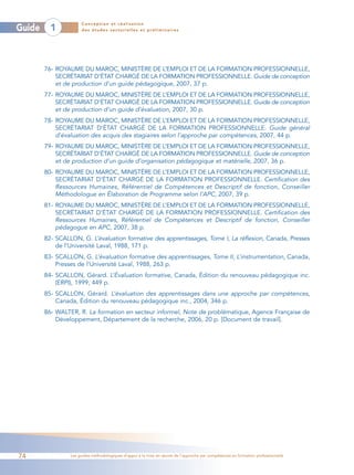 Conception et réalisation
Guide     1           des études sectorielles et préliminaires




        76- ROYAUME DU MAROC, MINISTÈRE DE L’EMPLOI ET DE LA FORMATION PROFESSIONNELLE,
            SECRÉTARIAT D’ÉTAT CHARGÉ DE LA FORMATION PROFESSIONNELLE. Guide de conception
            et de production d’un guide pédagogique, 2007, 37 p.
        77- ROYAUME DU MAROC, MINISTÈRE DE L’EMPLOI ET DE LA FORMATION PROFESSIONNELLE,
            SECRÉTARIAT D’ÉTAT CHARGÉ DE LA FORMATION PROFESSIONNELLE. Guide de conception
            et de production d’un guide d’évaluation, 2007, 30 p.
        78- ROYAUME DU MAROC, MINISTÈRE DE L’EMPLOI ET DE LA FORMATION PROFESSIONNELLE,
            SECRÉTARIAT D’ÉTAT CHARGÉ DE LA FORMATION PROFESSIONNELLE. Guide général
            d’évaluation des acquis des stagiaires selon l’approche par compétences, 2007, 44 p.
        79- ROYAUME DU MAROC, MINISTÈRE DE L’EMPLOI ET DE LA FORMATION PROFESSIONNELLE,
            SECRÉTARIAT D’ÉTAT CHARGÉ DE LA FORMATION PROFESSIONNELLE. Guide de conception
            et de production d’un guide d’organisation pédagogique et matérielle, 2007, 36 p.
        80- ROYAUME DU MAROC, MINISTÈRE DE L’EMPLOI ET DE LA FORMATION PROFESSIONNELLE,
            SECRÉTARIAT D’ÉTAT CHARGÉ DE LA FORMATION PROFESSIONNELLE. Certification des
            Ressources Humaines, Référentiel de Compétences et Descriptif de fonction, Conseiller
            Méthodologue en Élaboration de Programme selon l’APC, 2007, 39 p.
        81- ROYAUME DU MAROC, MINISTÈRE DE L’EMPLOI ET DE LA FORMATION PROFESSIONNELLE,
            SECRÉTARIAT D’ÉTAT CHARGÉ DE LA FORMATION PROFESSIONNELLE. Certification des
            Ressources Humaines, Référentiel de Compétences et Descriptif de fonction, Conseiller
            pédagogue en APC, 2007, 38 p.
        82- SCALLON, G. L’évaluation formative des apprentissages, Tome I, La réflexion, Canada, Presses
            de l’Université Laval, 1988, 171 p.
        83- SCALLON, G. L’évaluation formative des apprentissages, Tome II, L’instrumentation, Canada,
            Presses de l’Université Laval, 1988, 263 p.
        84- SCALLON, Gérard. L’Évaluation formative, Canada, Édition du renouveau pédagogique inc.
            (ERPI), 1999, 449 p.
        85- SCALLON, Gérard. L’évaluation des apprentissages dans une approche par compétences,
            Canada, Édition du renouveau pédagogique inc., 2004, 346 p.
        86- WALTER, R. La formation en secteur informel, Note de problématique, Agence Française de
            Développement, Département de la recherche, 2006, 20 p. [Document de travail].




74               Les guides méthodologiques d’appui à la mise en œuvre de l’approche par compétences en formation professionnelle
 