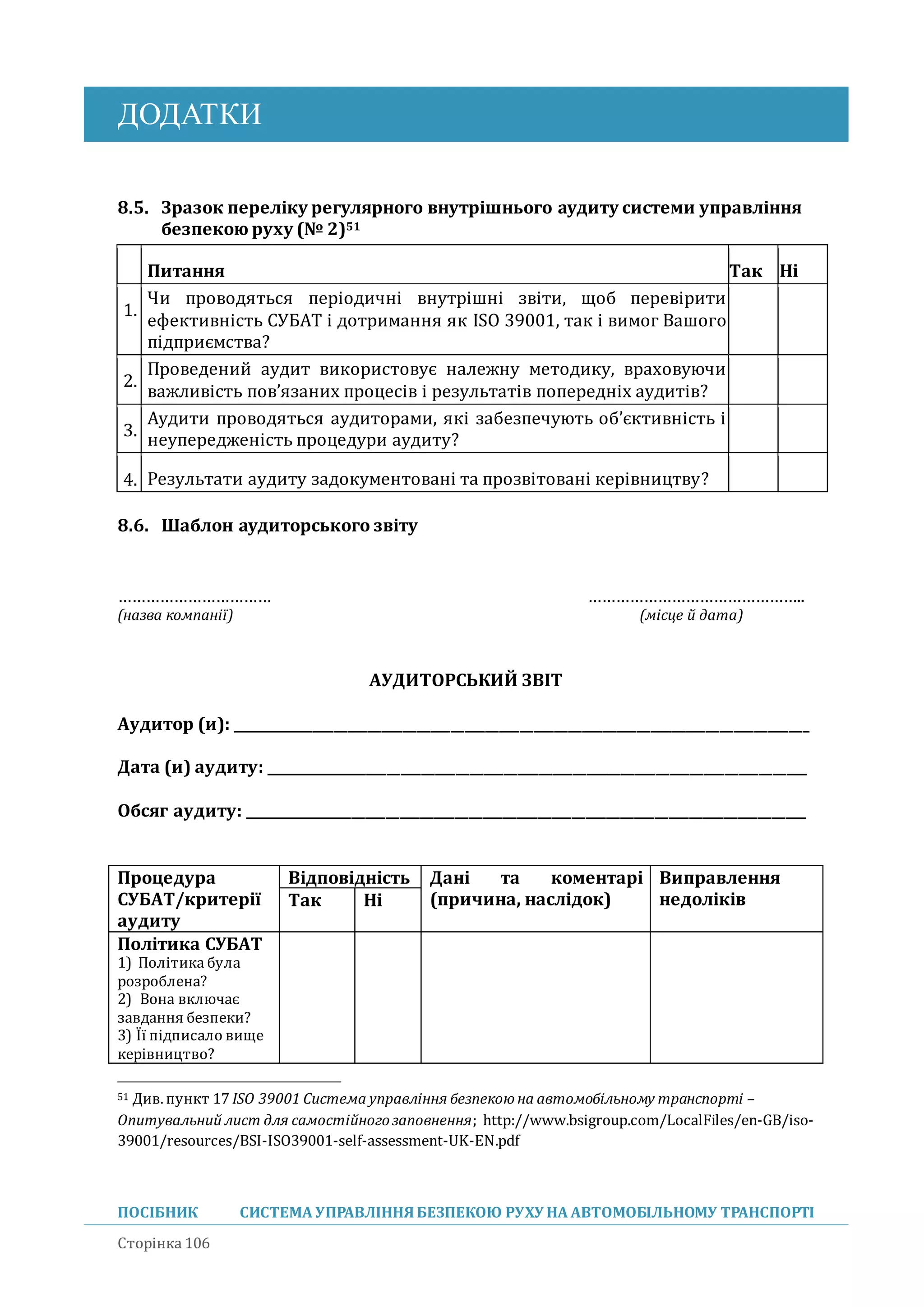ДОДАТКИ
ПОСІБНИК СИСТЕМА УПРАВЛІННЯБЕЗПЕКОЮ РУХУ НА АВТОМОБІЛЬНОМУ ТРАНСПОРТІ
Сторінка 106
8.5. Зразок переліку регулярного внутрішнього аудиту системи управління
безпекою руху (№ 2)51
Питання Так Ні
1.
Чи проводяться періодичні внутрішні звіти, щоб перевірити
ефективність СУБАТ і дотримання як ISO 39001, так і вимог Вашого
підприємства?
2.
Проведений аудит використовує належну методику, враховуючи
важливість пов’язаних процесів і результатів попередніх аудитів?
3.
Аудити проводяться аудиторами, які забезпечують об’єктивність і
неупередженість процедури аудиту?
4. Результати аудиту задокументовані та прозвітовані керівництву?
8.6. Шаблон аудиторського звіту
…………………………… ………………………………………..
(назва компанії) (місце й дата)
АУДИТОРСЬКИЙ ЗВІТ
Аудитор (и): ____________________________________________________________________________________
Дата (и) аудиту: _______________________________________________________________________________
Обсяг аудиту: __________________________________________________________________________________
Процедура
СУБАТ/критерії
аудиту
Відповідність Дані та коментарі
(причина, наслідок)
Виправлення
недоліківТак Ні
Політика СУБАТ
1) Політика була
розроблена?
2) Вона включає
завдання безпеки?
3) Її підписало вище
керівництво?
51 Див.пункт 17 ISO 39001 Система управління безпекою на автомобільному транспорті –
Опитувальний лист для самостійногозаповнення; http://www.bsigroup.com/LocalFiles/en-GB/iso-
39001/resources/BSI-ISO39001-self-assessment-UK-EN.pdf
 