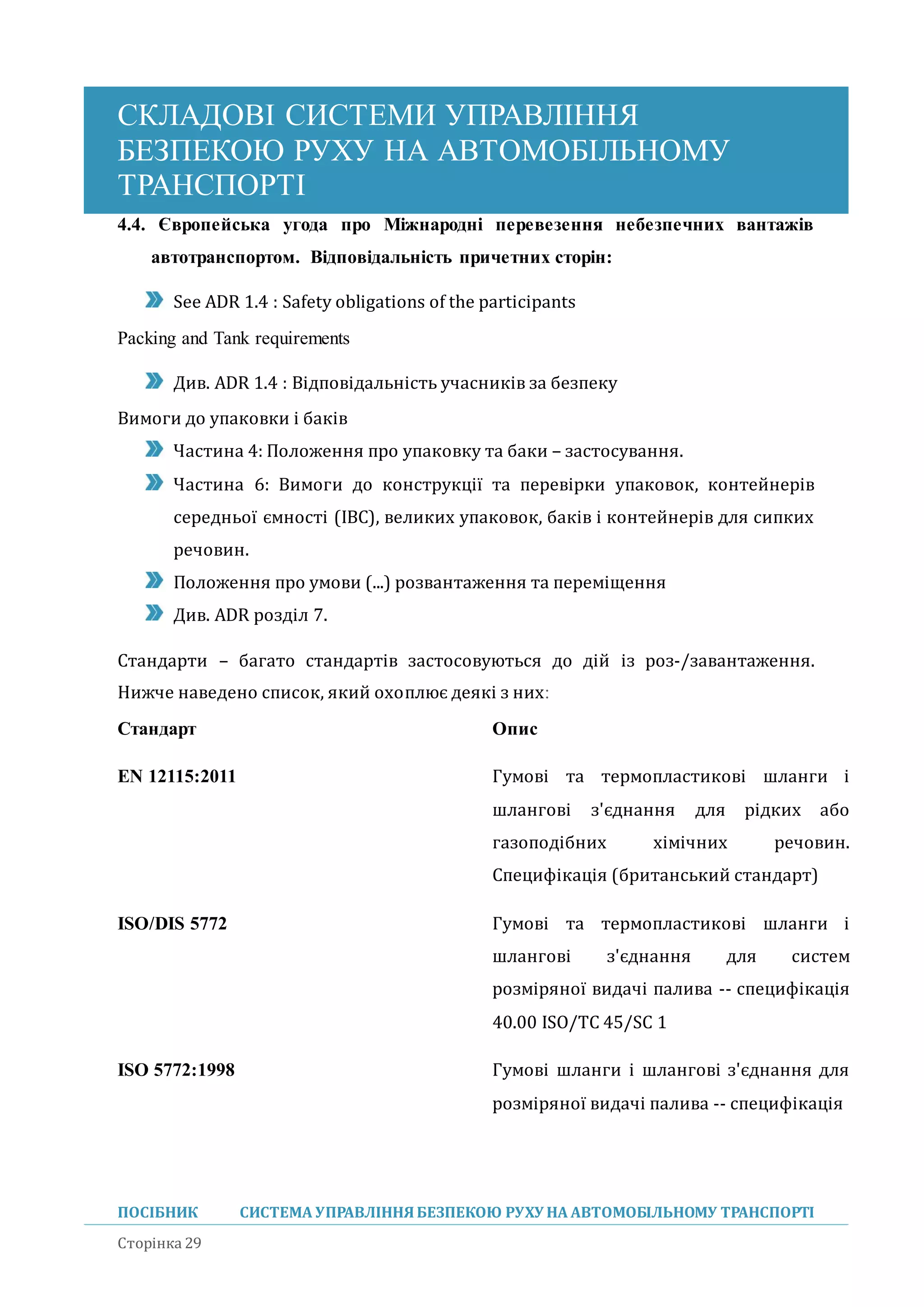 СКЛАДОВІ СИСТЕМИ УПРАВЛІННЯ
БЕЗПЕКОЮ РУХУ НА АВТОМОБІЛЬНОМУ
ТРАНСПОРТІ
ПОСІБНИК СИСТЕМА УПРАВЛІННЯБЕЗПЕКОЮ РУХУ НА АВТОМОБІЛЬНОМУ ТРАНСПОРТІ
Сторінка 29
4.4. Європейська угода про Міжнародні перевезення небезпечних вантажів
автотранспортом. Відповідальність причетних сторін:
See ADR 1.4 : Safety obligations of the participants
Packing and Tank requirements
Див. ADR 1.4 : Відповідальність учасників за безпеку
Вимоги до упаковки і баків
Частина 4: Положення про упаковку та баки – застосування.
Частина 6: Вимоги до конструкції та перевірки упаковок, контеинерів
середньої ємності (IBC), великих упаковок, баків і контеинерів для сипких
речовин.
Положення про умови (...) розвантаження та переміщення
Див. ADR розділ 7.
Стандарти – багато стандартів застосовуються до діи із роз-/завантаження.
Нижче наведено список, якии охоплює деякі з них:
Стандарт Опис
EN 12115:2011 Гумові та термопластикові шланги і
шлангові з'єднання для рідких або
газоподібних хімічних речовин.
Специфікація (британськии стандарт)
ISO/DIS 5772 Гумові та термопластикові шланги і
шлангові з'єднання для систем
розміряної видачі палива -- специфікація
40.00 ISO/TC 45/SC 1
ISO 5772:1998 Гумові шланги і шлангові з'єднання для
розміряної видачі палива -- специфікація
 