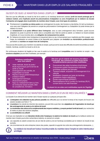 MAINTENIR DANS LEUR EMPLOI LES SALARIÉS FRAGILISÉSFICHE 8
QU’EST-CE QUE LE MAINTIEN DANS L’EMPLOI ?
Dès lors que les difficultés au travail du fait de la santé ou du handicap deviennent avérées (arrêt de travail prolongé par le
médecin traitant, avis d’aptitude assorti de préconisations d’adaptation ou avis d’inaptitude par le médecin du travail)
l’entreprise est engagée dans le périmètre du maintien dans l’emploi, avec trois types de solutions :
Vous pouvez être soutenu pour maintenir vos salariés en emploi, quel que soit la cause des difficultés de santé rencontrées au travail:
maladie, handicap, accident du travail ou de la vie.
De nombreuses situations de fragilité en lien avec la santé ou le handicap sont compatibles avec le maintien en emploi – des
solutions adaptées peuvent être mobilisées, par exemple :
Prioritairement, le maintien au même poste avec aménagement du poste, des horaires ou des tâches. En tant qu’employeur,
vous avez ainsi l’obligation de prendre en compte les préconisations d’aménagement ou d’adaptation du poste émises par le
médecin du travail.
Le reclassement à un poste différent dans l’entreprise, avec ou sans aménagement et/ou formation, quand aucune
adaptation du poste ne permet de rendre celui-ci compatible avec l’état de santé du salarié. Le médecin du travail constate
l’inaptitude, et il vous incombe alors une obligation de reclassement du salarié.
En l’absence de solution dans l’entreprise et uniquement dans ce cas, le licenciement pour inaptitude peut être engagé, avec
l’enjeu de mobilisation en amont d’aides et de dispositifs pour préparer une évolution ou réorientation professionnelle
permettant un maintien en emploi hors de l’entreprise.
Solutions mobilisables
pour tout salarié
Dès lors que le salarié est reconnu travailleur
handicapé, des solutions et aides financières
complémentaires peuvent être mobilisées
La plupart de ces aides sont mobilisables auprès de l’Agefiph.
Visite médicale, étude de poste /
étude ergonomique par le service de
santé au travail
Aménagement des activités, de
l’organisation du travail
Reprise à temps partiel thérapeutique
(médecin traitant)
Aménagement technique
(financement propre)
Appui au reclassement dans ou hors
de l’entreprise (essai encadré, bilan
de compétences, formation)
Financement des aides humaines et techniques
Financement partiel d’équipements individuels
(prothèses auditives par exemple)
Transport adapté, acquisition ou aménagement d’un
véhicule
Mobilisation d’experts par types de handicap
(prestations d’appui spécifiques)
Études ergonomiques (EPAAST)
Reconnaissance de la Lourdeur du handicap (RLH)
ouvrant droit à une aide financière
COMMENT RÉUSSIR LE MAINTIEN DANS L’EMPLOI D’UN DE MES SALARIÉS ?
La réussite d’une démarche de maintien dans l’emploi repose sur quelques principes-clés :
C’est par une implication et une interaction étroite entre l’employeur, le salarié et le médecin du travail que la meilleure solution de
maintien dans l’emploi pourra être recherchée et atteinte, en prenant en compte :
L’anticipation et la détection la plus précoce possible des difficultés pour se donner le temps et les moyens de trouver une
solution durable (voir fiche n° 7).
L’ouverture et la volonté de chercher des solutions, pouvant être aussi bien des adaptations de l’organisation du travail que
des aménagements du poste ou du rythme de travail.
La coordination des acteurs et la complémentarité des moyens mobilisés, y compris pendant l’arrêt de travail, pour rechercher
et mettre en place des solutions adaptées.
La sensibilisation du collectif.
Les capacités du salarié compte tenu de son état de santé ou de son handicap (constatées par le médecin du travail) et ses
souhaits.
Les circonstances de votre entreprise (nature des postes, capacité à supporter les coûts des aménagements nécessaires...).
Le médecin du travail est l’acteur incontournable du maintien dans l’emploi et votre interlocuteur
privilégié.
Agir pour l’emploi des personnes en situation de handicap dans l’ESS - Guide pratique 2019
 