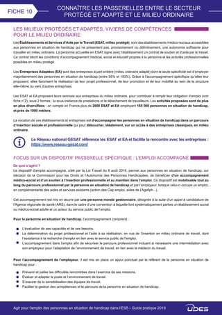 CONNAÎTRE LES PASSERELLES ENTRE LE SECTEUR
PROTÉGÉ ET ADAPTÉ ET LE MILIEU ORDINAIRE
FICHE 10
LES MILIEUX PROTÉGÉS ET ADAPTÉS, VIVIERS DE COMPÉTENCES
POUR LE MILIEU ORDINAIRE
Les Établissements et Services d’Aide par le Travail (ESAT, milieu protégé), sont des établissements médico-sociaux accessibles
aux personnes en situation de handicap qui ne présentent pas, provisoirement ou définitivement, une autonomie suffisante pour
travailler en milieu ordinaire. La personne accueillie en ESAT signe avec l’établissement un contrat de soutien et d’aide par le travail.
Ce contrat décrit les conditions d’accompagnement médical, social et éducatif propres à la personne et les activités professionnelles
possibles en milieu protégé.
Les Entreprises Adaptées (EA) sont des entreprises à part entière (milieu ordinaire adapté) dont la seule spécificité est d’employer
majoritairement des personnes en situation de handicap (entre 55% et 100%). Grâce à l’accompagnement spécifique qu’elles leur
proposent, elles favorisent la réalisation de leur projet professionnel, de leur promotion et de leur mobilité au sein de la structure
elle-même ou vers d’autres entreprises.
Les ESAT et EA proposent leurs services aux entreprises du milieu ordinaire, pour contribuer à remplir leur obligation d’emploi (voir
fiche n°2), sous 2 formes : la sous-traitance de prestations et le détachement de travailleurs. Les activités proposées sont de plus
en plus diversifiées : on compte en France plus de 2000 ESAT et EA employant 155 000 personnes en situation de handicap,
et près de 1000 métiers.
La vocation de ces établissements et entreprises est d’accompagner les personnes en situation de handicap dans un parcours
d’insertion sociale et professionnelle qui peut déboucher, idéalement, sur un accès à des entreprises classiques, en milieu
ordinaire.
De quoi s’agit-il ?
Le dispositif d’emploi accompagné, créé par la Loi Travail du 8 août 2016, permet aux personnes en situation de handicap, sur
décision de la Commission pour les Droits et l’Autonomie des Personnes Handicapées, de bénéficier d’un accompagnement
médico-social et d’un soutien à l’insertion professionnelle et au maintien dans l’emploi. Ce dispositif est mobilisable tout au
long du parcours professionnel par la personne en situation de handicap et par l’employeur, lorsque celui-ci occupe un emploi,
en complémentarité des aides et services existants (action des Cap emploi, aides de l’Agefiph...).
Cet accompagnement est mis en œuvre par une personne morale gestionnaire, désignée à la suite d’un appel à candidature de
l’Agence régionale de santé (ARS), dans le cadre d’une convention à laquelle font systématiquement parties un établissement social
ou médico-social adulte et un acteur du service public de l’emploi.
Pour la personne en situation de handicap, l’accompagnement comprend :
Pour l’accompagnement de l’employeur, il est mis en place un appui ponctuel par le référent de la personne en situation de
handicap pour :
FOCUS SUR UN DISPOSITIF PASSERELLE SPÉCIFIQUE : L’EMPLOI ACCOMPAGNÉ
L’évaluation de ses capacités et de ses besoins.
La détermination du projet professionnel et l’aide à sa réalisation, en vue de l’insertion en milieu ordinaire de travail, dont
l’assistance à la recherche d’emploi en lien avec le service public de l’emploi.
L’accompagnement dans l’emploi afin de sécuriser le parcours professionnel incluant si nécessaire une intermédiation avec
son employeur pour l’adaptation de l’environnement de travail, en lien avec le médecin du travail.
Prévenir et pallier les difficultés rencontrées dans l’exercice de ses missions.
Évaluer et adapter le poste et l’environnement de travail.
S’assurer de la sensibilisation des équipes de travail.
Faciliter la gestion des compétences et le parcours de la personne en situation de handicap.
Le Réseau national GESAT référence les ESAT et EA et facilite la rencontre avec les entreprises :
https://www.reseau-gesat.com/
Agir pour l’emploi des personnes en situation de handicap dans l’ESS - Guide pratique 2019
 