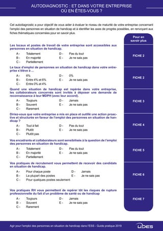 Cet autodiagnostic a pour objectif de vous aider à évaluer le niveau de maturité de votre entreprise concernant
l’emploi des personnes en situation de handicap et à identifier les axes de progrès possibles, en renvoyant aux
fiches thématiques concernées pour en savoir plus.
Les locaux et postes de travail de votre entreprise sont accessibles aux
personnes en situation de handicap.
A -	 Totalement
B -	 En majorité
C -	 Partiellement
D -	 Pas du tout
E -	 Je ne sais pas
Pour en
savoir plus
FICHE 2
Le taux d’emploi de personnes en situation de handicap dans votre entre-
prise s’élève à ...
A -	 6%
B -	 Entre 4% et 6%
C -	 Entre 0% et 4%
D -	 0%
E -	 Je ne sais pas
FICHE 2
Quand une situation de handicap est repérée dans votre entreprise,
les collaborateurs concernés sont invités à déposer une demande de
reconnaissance à leur MDPH (avec leur accord).
A -	 Toujours
B -	 Souvent
C -	 Rarement
D -	 Jamais
E -	 Je ne sais pas
FICHE 3
Diriez-vous que votre entreprise a mis en place et outillé une action proac-
tive et structurée en faveur de l’emploi des personnes en situation de han-
dicap ?
A -	 Tout à fait
B -	 Plutôt
C -	 Plutôt pas
D -	 Pas du tout
E -	 Je ne sais pas
FICHE 4
Vos encadrants et collaborateurs sont sensibilisés à la question de l’emploi
des personnes en situation de handicap.
A -	 Totalement
B -	 En majorité
C -	 Partiellement
D -	 Pas du tout
E -	 Je ne sais pas
FICHE 5
Vos pratiques de recrutement vous permettent de recevoir des candidats
en situation de handicap.
A -	 Pour chaque poste
B -	 La plupart des postes
C -	 Pour quelques postes seulement
D -	 Jamais
E -	 Je ne sais pas FICHE 6
Vos pratiques RH vous permettent de repérer tôt les risques de rupture
professionnelle du fait d’un problème de santé ou de handicap
A -	 Toujours
B -	 Souvent
C -	 Rarement
D -	 Jamais
E -	 Je ne sais pas
FICHE 7
AUTODIAGNOSTIC : ET DANS VOTRE ENTREPRISE
OÙ EN ÊTES-VOUS ?
Agir pour l’emploi des personnes en situation de handicap dans l’ESS - Guide pratique 2019
 