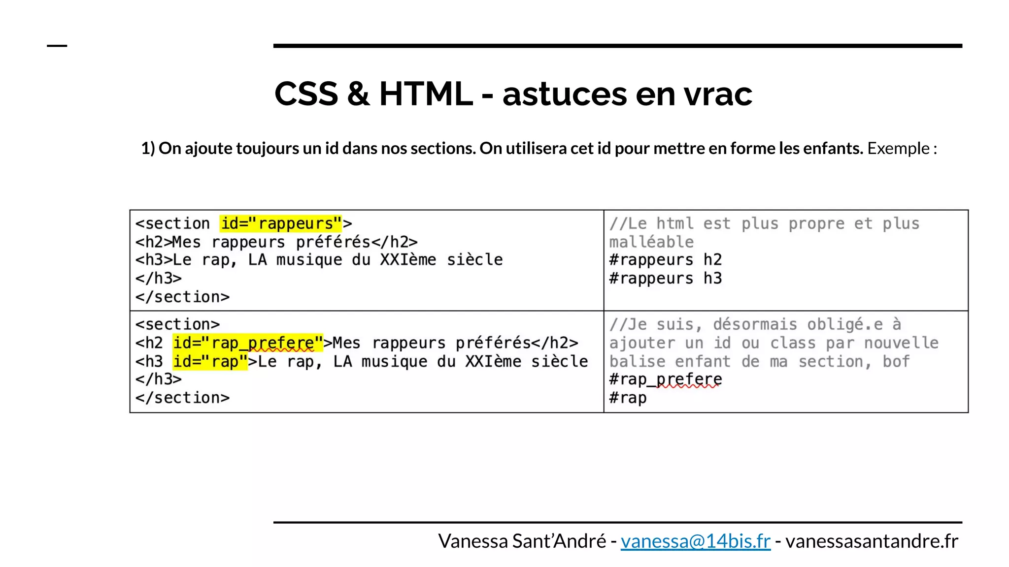 CSS & HTML - astuces en vrac
1) On ajoute toujours un id dans nos sections. On utilisera cet id pour mettre en forme les enfants. Exemple :
Vanessa Sant’André - vanessa@14bis.fr - vanessasantandre.fr
 