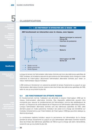 Problèmes
d’alimentation
électrique
5
Solutions
aux problèmes
d’alimentation
électrique
Réglementation
européenne
Normes
techniques
Classification
Critères de choix -
Définition du
besoin
Communication
Options
Guide
d’installation des
ASI de moyenne
et forte puissance
Maintenance
et services
Glossaire
Lorsque la tension de l’alimentation alternative d’entrée est hors des tolérances spécifiées de
l’ASI, l’onduleur et la batterie assurent la permanence de l’alimentation de la charge en mode
autonomie et l’interrupteur déconnecte l’alimentation alternative d’entrée pour éviter un
retour d’alimentation depuis l’onduleur.
L’ASI continue à fonctionner en autonomie pendant le temps d’autonomie ou jusqu’à ce que
l’alimentation alternative d’entrée revienne dans les limites des tolérances spécifiées de l’ASI,
selon le cas qui se produit le plus tôt.
5.4 ASI FONCTIONNANT EN ATTENTE PASSIVE
En fonctionnement normal, l’utilisation est alimentée à travers l’interrupteur d’ASI par le
réseau d’alimentation alternative d’entrée. Des dispositifs additionnels peuvent être
incorporés pour assurer le conditionnement de l’alimentation, comme des stabilisateurs de
tension. La fréquence de sortie dépend de la fréquence de l’alimentation alternative d’entrée.
Lorsque l’alimentation alternative d’entrée sort des tolérances spécifiées de l’ASI, cette
dernière passe en mode autonomie, l’onduleur est activé et la charge est transférée sur
l’onduleur directement ou par l’intermédiaire de l’interrupteur d’ASI (qui peut être statique ou
électromécanique).
La combinaison batterie/onduleur assure la permanence de l’alimentation de la charge
pendant le temps d’autonomie ou jusqu’à ce que l’alimentation alternative d’entrée revienne
dans les limites des tolérances spécifiées de l’ASI et que la charge soit alors retransférée,
suivant le cas qui se produit le plus tôt.
GUIDE EUROPÉEN
CLASSIFICATION
26
5
ASI GUIDE EUROPÉEN
CLASSIFICATION
Solutions
aux problèmes
d’alimentation
électrique
Normes
techniques
Classification
Critères de choix -
Définition du
besoin
Communication
Options
Guide
d’installation des
ASI de moyenne
et forte puissance
Maintenance
et services
Glossaire
[FIG. 8] ASI FONCTIONNANT EN INTERACTION AVEC LE RESEAU - VFD
ASI fonctionnant en interaction avec le réseau, avec bypass
Bypass (principal ou secours)
Entrée CA
Interface de puissance
Onduleur
Batterie
Interrupteur de l’ASI
Sortie CA
Mode normal
Mode autonomie
Mode Bypass
҃
ȁ
GUIDE UPS ING_FR 28/11/08 10:22 Page 26
 