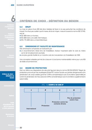 32
ASI GUIDE EUROPÉEN
Solutions
aux problèmes
d’alimentation
électrique
Réglementation
européenne
Normes
techniques
Classification
Critères de choix -
Définition du
besoin
Communication
Options
Guide
d’installation des
ASI de moyenne
et forte puissance
Maintenance
et services
Glossaire
Problèmes
d’alimentation
électrique
6 CRITÈRES DE CHOIX - DÉFINITION DU BESOIN
Solutions
aux problèmes
d’alimentation
électrique
Normes
techniques
Classification
Critères de choix -
Définition du
besoin
Communication
Options
Guide
d’installation des
ASI de moyenne
et forte puissance
Maintenance
et services
Glossaire
6
6.4 BRUIT
La mise en place d’une ASI doit être réalisée de façon à ne pas perturber les conditions de
travail. Il ne faut pas oublier que le niveau de bruit moyen, mesuré suivant la norme ISO 3746,
est de :
½ 52 dBA dans un bureau,
½ 60 dBA dans une salle informatique,
½ 65/75 dBA dans un local électrique.
6.5 DIMENSIONS ET FACILITÉ DE MAINTENANCE
Des dimensions compactes se traduisent par :
½ un encombrement réduit lors de l’installation, facteur important selon le coût du mètre
carré de l’emplacement souhaité,
½ une plus grande facilité et un moindre coût de manutention et d’installation de l’ASI.
Une conception adaptée permet de s’assurer d’une bonne maintenabilité même pour une ASI
de faible encombrement.
6.6 DEGRÉ DE PROTECTION
Ceci se réfère aux dispositions de sécurité figurant dans la norme CEI EN 60529 “Degré de
protection procuré par les enveloppes (Code IP)” contre l’accès aux parties dangereuses et la
pénétration de corps solides (premier chiffre caractéristique suivi d’une lettre optionnelle) et
contre la pénétration de l’eau (second chiffre caractéristique suivi d’une lettre supplémentaire
optionnelle).
GUIDE EUROPÉEN
(FIG. 10) EXEMPLE DU CODE IP
International
Protection
Protection contre les
contacts directs
Pas de protection
contre l’eau
I P 2 O
GUIDE UPS ING_FR 28/11/08 10:42 Page 32
 