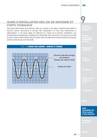 Ceci évite cette baisse de la tension crête, qui conduit à une valeur moyenne plus faible du
courant continu alimentant la charge. Ces dispositions ne sont pas nécessaires si
l’alimentation a une large plage de tolérance au niveau de la tension d’utilisation. Les
considérations précédentes s’appliquent en particulier dans les zones où la tension nominale
de votre réseau d’alimentation peut se situer dans les tolérances basses pendant de longues
durées du fait des pics de demande.
GUIDE EUROPÉEN ASI
47
Problèmes
d’alimentation
électrique
Solutions
aux problèmes
d’alimentation
électrique
Réglementation
européenne
Normes
techniques
Classification
Critères de choix -
Définition du
besoin
Communication
Options
Guide
d’installation des
ASI de moyenne
et forte puissance
Maintenance
et services
Glossaire
9
GUIDE EUROPÉEN ASI
GUIDE D’INSTALLATION DES ASI DE MOYENNE ET
FORTE PUISSANCE
(FIG. 12) CHARGE NON LINÉAIRE - COURANT ET TENSION
Courant crête des charges
non linéaires
(Facteur de crête Fc=2,5)
Tension de sortie
Solutions
aux problèmes
d’alimentation
électrique
Normes
techniques
Classification
Critères de choix -
Définition du
besoin
Communication
Options
Guide
d’installation des
ASI de moyenne
et forte puissance
Maintenance
et services
Glossaire
9GUIDE D’INSTALLATION DES ASI DE MOYENNE ET
FORTE PUISSANCE
GUIDE UPS ING_FR 28/11/08 10:22 Page 47
 
