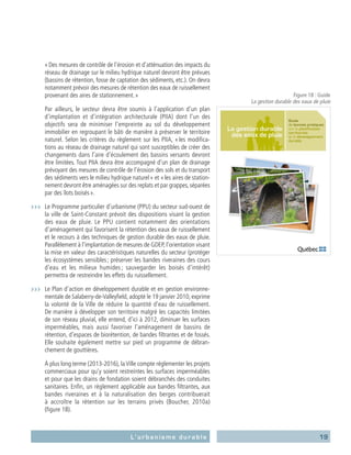 19L’urbanisme durable
« Des mesures de contrôle de l’érosion et d’atténuati­on des impacts du
réseau de drainage sur le milieu hydrique naturel devront être prévues
(bassins de rétention, fosse de captation des sédiments, etc.). On devra
notamment prévoir des mesures de rétention des eaux de ruissellement
provenant des aires de stationnement. »
	 Par ailleurs, le secteur devra être soumis à l’application d’un plan
d’implantation et d’intégration architecturale (PIIA) dont l’un des
objectifs sera de minimiser l’empreinte au sol du développement
immobilier en regroupant le bâti de manière à préserver le territoire
naturel. Selon les critères du règlement sur les PIIA, « les modifica-
tions au réseau de drainage naturel qui sont susceptibles de créer des
changements dans l’aire d’écoulement des bassins versants devront
être limitées. Tout PIIA devra être accompagné d’un plan de drainage
prévoyant des mesures de contrôle de l’érosion des sols et du transport
des sédiments vers le milieu hydrique naturel » et « les aires de station-
nement devront être aménagées sur des replats et par grappes, séparées
par des îlots boisés ».
›››	 Le Programme particulier d’urbanisme (PPU) du secteur sud-ouest de
la ville de Saint-Constant prévoit des dispositions visant la gestion
des eaux de pluie. Le PPU contient notamment des orientations
­d’aménagement qui favorisent la rétention des eaux de ruissellement
et le recours à des techniques de gestion durable des eaux de pluie.
Parallèlement à l’implantation de mesures de GDEP, l’orientation visant
la mise en valeur des caractéristiques naturelles du secteur (protéger
les écosystèmes sensibles ; préserver les bandes riveraines des cours
d’eau et les milieux humides ; sauvegarder les boisés d’intérêt)
permettra de restreindre les effets du ruissellement.
›››	 Le Plan d’action en développement durable et en gestion environne-
mentale de Salaberry-de-Valleyfield, adopté le 19 janvier 2010, exprime
la volonté de la Ville de réduire la quantité d’eau de ruissellement.
De manière à développer son territoire malgré les capacités limitées
de son réseau pluvial, elle entend, d’ici à 2012, diminuer les surfaces
imperméables, mais aussi favoriser l’aménagement de bassins de
rétention, d’espaces de biorétention, de bandes filtrantes et de fossés.
Elle souhaite également mettre sur pied un programme de débran-
chement de gouttières.
	 À plus long terme (2013-2016), laVille compte réglementer les projets
commerciaux pour qu’y soient restreintes les surfaces imperméables
et pour que les drains de fondation soient débranchés des conduites
sanitaires. Enfin, un règlement applicable aux bandes filtrantes, aux
bandes riveraines et à la naturalisation des berges contribuerait
à accroître la rétention sur les terrains privés (Boucher, 2010a)
(figure 18).
Figure 18 : Guide
La gestion durable des eaux de pluie
 