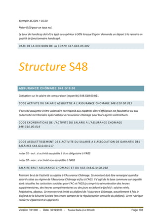 Exemple 35,50% = 35.50
Noter 0.00 pour un taux nul.
Le taux de handicap doit être égal ou supérieur à 50% lorsque l'agent demande un départ à la retraite en
qualité de fonctionnaire handicapé.
DATE DE LA DECISION DE LA CDAPH S47.G65.05.002

Structure S48
ASSURANCE CHÔMAGE S48.G10.00
Cotisation sur le salaire de comparaison (expatriés) S48.G10.00.021
CODE ACTIVITE DU SALARIE ASSUJETTIE A L'ASSURANCE CHOMAGE S48.G10.00.015
L’activité assujettie à titre volontaire correspond aux expatriés dont l’affiliation est facultative ou aux
collectivités territoriales ayant adhéré à l’assurance chômage pour leurs agents contractuels.
CODE EXONERATIONS DE L'ACTIVITE DU SALARIE A L'ASSURANCE CHOMAGE
S48.G10.00.016

CODE ASSUJETTISSEMENT DE L'ACTIVITE DU SALARIE A L'ASSOCIATION DE GARANTIE DES
SALAIRES S48.G10.00.017
noter 01 - oui : si activité assujettie à titre obligatoire à l'AGS
noter 02 - non : si activité non assujettie à l'AGS
SALAIRE BRUT ASSURANCE CHOMAGE ET OU AGS S48.G10.00.018
Montant brut de l’activité assujettie à l’Assurance Chômage. Ce montant doit être renseigné quand le
salarié cotise au régime de l’Assurance Chômage et/ou à l’AGS. Il s’agit de la base commune sur laquelle
sont calculées les cotisations sociales pour l’AC et l’AGS (y compris la rémunération des heures
supplémentaires, des heures complémentaires ou des jours excédant le forfait) : salaires réels,
forfaitaires, abattus. Ce montant est limité au plafond de l'Assurance Chômage, actuellement 4 fois le
plafond de la Sécurité Sociale (en tenant compte de la régularisation annuelle du plafond). Cette rubrique
concerne également les apprentis.
Version V01X08 -

Date 30/12/2013 -

Toutes Dads-U et DN-AC

Page 138

 
