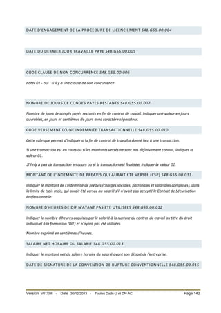 DATE D'ENGAGEMENT DE LA PROCEDURE DE LICENCIEMENT S48.G55.00.004

DATE DU DERNIER JOUR TRAVAILLE PAYE S48.G55.00.005

CODE CLAUSE DE NON CONCURRENCE S48.G55.00.006
noter 01 - oui : si il y a une clause de non concurrence

NOMBRE DE JOURS DE CONGES PAYES RESTANTS S48.G55.00.007
Nombre de jours de congés payés restants en fin de contrat de travail. Indiquer une valeur en jours
ouvrables, en jours et centièmes de jours avec caractère séparateur.
CODE VERSEMENT D'UNE INDEMNITE TRANSACTIONNELLE S48.G55.00.010
Cette rubrique permet d'indiquer si la fin de contrat de travail a donné lieu à une transaction.
Si une transaction est en cours ou si les montants versés ne sont pas définivement connus, indiquer la
valeur 01.
S'il n'y a pas de transaction en cours ou si la transaction est finalisée, indiquer la valeur 02.

MONTANT DE L'INDEMNITE DE PREAVIS QUI AURAIT ETE VERSEE (CSP) S48.G55.00.011
Indiquer le montant de l'indemnité de préavis (charges sociales, patronales et salariales comprises), dans
la limite de trois mois, qui aurait été versée au salarié s'il n'avait pas accepté le Contrat de Sécurisation
Professionnelle.
NOMBRE D'HEURES DE DIF N'AYANT PAS ETE UTILISEES S48.G55.00.012
Indiquer le nombre d'heures acquises par le salarié à la rupture du contrat de travail au titre du droit
individuel à la formation (DIF) et n'ayant pas été utilisées.
Nombre exprimé en centièmes d'heures.
SALAIRE NET HORAIRE DU SALARIE S48.G55.00.013
Indiquer le montant net du salaire horaire du salarié avant son départ de l'entreprise.
DATE DE SIGNATURE DE LA CONVENTION DE RUPTURE CONVENTIONNELLE S48.G55.00.015

Version V01X08 -

Date 30/12/2013 -

Toutes Dads-U et DN-AC

Page 142

 