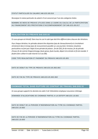 STATUT PARTICULIER DU SALARIE S48.G55.00.016
Renseigner le statut particulier du salarié s'il est concerné par l'une des catégories listées
NOMBRE DE MOIS DE PREAVIS UTILISES DANS LE CADRE DU CALCUL DE LA PARTICIPATION
AU FINANCEMENT DES PRESTATIONS D’ACCOMPAGNEMENT CSP S48.G55.00.017

REALISATION DU PREAVIS S48.G55.05
Ce sous-groupe est itératif. Dans tous les cas le code type doit être différent dans chacune des itérations.
Pour chaque itération, les périodes doivent être disjointes (pas de chevauchement) et s’enchaînent
strictement dans le temps (pas de recouvrement possible sur une journée). Certaines situations
particulières ne font pas l’objet d’une période de préavis : fin de CDD, fin de mission, fin de période
d’essai, fin de contrat d’apprentissage, faute grave, faute lourde, départ à la retraite et fin de mandat. Il
faudra alors utiliser le code réservé à ce cas (90).
CODE TYPE REALISATION ET PAIEMENT DU PREAVIS S48.G55.05.001

DATE DE DEBUT DU TYPE DE PREAVIS S48.G55.05.002.001

DATE DE FIN DU TYPE DE PREAVIS S48.G55.05.002.002

CHOMAGE TOTAL SANS RUPTURE DE CONTRAT DE TRAVAIL S48.G55.10
Ce sous-groupe supporte les données du cadre 5 de l'attestation employeur assurance-chômage.
DEMANDE D'ALLOCATIONS DE CHOMAGE PARTIEL A LA DDTEFP S48.G55.10.001

DATE DE DEBUT DE LA PERIODE D'INDEMNISATION AU TITRE DU CHOMAGE PARTIEL
S48.G55.10.002

DATE DE FIN DE LA PERIODE D'INDEMNISATION AU TITRE DU CHOMAGE PARTIEL
S48.G55.10.003

Version V01X08 -

Date 30/12/2013 -

Toutes Dads-U et DN-AC

Page 143

 