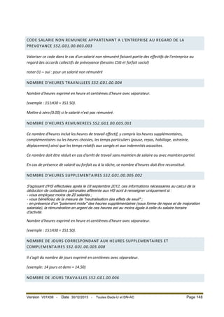 CODE SALARIE NON REMUNERE APPARTENANT A L'ENTREPRISE AU REGARD DE LA
PREVOYANCE S52.G01.00.003.003
Valoriser ce code dans le cas d'un salarié non rémunéré faisant partie des effectifs de l'entreprise au
regard des accords collectifs de prévoyance (besoins CSG et forfait social)
noter 01 – oui : pour un salarié non rémunéré
NOMBRE D'HEURES TRAVAILLEES S52.G01.00.004
Nombre d'heures exprimé en heure et centièmes d'heure avec séparateur.
(exemple : 151H30 = 151.50).
Mettre à zéro (0.00) si le salarié n'est pas rémunéré.
NOMBRE D'HEURES REMUNEREES S52.G01.00.005.001
Ce nombre d'heures inclut les heures de travail effectif, y compris les heures supplémentaires,
complémentaires ou les heures choisies, les temps particuliers (pause, repas, habillage, astreinte,
déplacement) ainsi que les temps relatifs aux congés et aux indemnités associées.
Ce nombre doit être réduit en cas d'arrêt de travail sans maintien de salaire ou avec maintien partiel.
En cas de présence de salarié au forfait ou à la tâche, ce nombre d'heures doit être reconstitué.
NOMBRE D'HEURES SUPPLEMENTAIRES S52.G01.00.005.002
S'agissant d'HS effectuées après le 03 septembre 2012, ces informations nécessaires au calcul de la
déduction de cotisations patronales afférente aux HS sont à renseigner uniquement si :
- vous employez moins de 20 salariés ;
- vous bénéficiez de la mesure de "neutralisation des effets de seuil" ;
- en présence d'un "paiement mixte" des heures supplémentaires (sous forme de repos et de majoration
salariale), la rémunération en argent de ces heures est au moins égale à celle du salaire horaire
d'activité.

Nombre d'heures exprimé en heure et centièmes d'heure avec séparateur.
(exemple : 151H30 = 151.50).
NOMBRE DE JOURS CORRESPONDANT AUX HEURES SUPPLEMENTAIRES ET
COMPLEMENTAIRES S52.G01.00.005.008
Il s’agit du nombre de jours exprimé en centièmes avec séparateur.
(exemple: 14 jours et demi = 14.50)
NOMBRE DE JOURS TRAVAILLES S52.G01.00.006

Version V01X08 -

Date 30/12/2013 -

Toutes Dads-U et DN-AC

Page 148

 