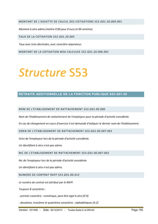 MONTANT DE L'ASSIETTE DE CALCUL DES COTISATIONS S52.G01.20.004.001
Montant à zéro admis (mettre 0.00 pour 0 euro et 00 centime).
TAUX DE LA COTISATION S52.G01.20.005
Taux avec trois décimales, avec caractère séparateur.
MONTANT DE LA COTISATION MSA CALCULEE S52.G01.20.006.001

Structure S53
RETRAITE ADDITIONNELLE DE LA FONCTION PUBLIQUE S53.G01.00

NOM DE L'ETABLISSEMENT DE RATTACHEMENT S53.G01.00.006
Nom de l'établissement de rattachement de l'employeur pour la période d'activité considérée.
En cas de changement en cours d'exercice il est demandé d'indiquer le dernier nom de l'établissement.
SIREN DE L'ETABLISSEMENT DE RATTACHEMENT S53.G01.00.007.001
Siren de l'employeur lors de la période d'activité considérée.
Un identifiant à zéro n'est pas admis.
NIC DE L'ETABLISSEMENT DE RATTACHEMENT S53.G01.00.007.002
Nic de l'employeur lors de la période d'activité considérée.
Un identifiant à zéro n'est pas admis.
NUMERO DE CONTRAT RAFP S53.G01.00.012
Le numéro de contrat est attribué par le RAFP.
Toujours 8 caractères :
- premier caractère : numérique, peut être égal à zéro [0-9]
- deuxième, troisième et quatrième caractères : alphabétiques [A-Z]
Version V01X08 -

Date 30/12/2013 -

Toutes Dads-U et DN-AC

Page 150

 