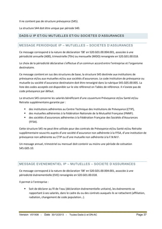 Il ne contient pas de structure prévoyance (S45).
La structure S44 doit être unique par période S40.
DADS-U IP ET/OU MUTUELLES ET/OU SOCIETES D’ASSURANCES
MESSAGE PERIODIQUE IP – MUTUELLES – SOCIETES D’ASSURANCES
Ce message correspond à la nature de déclaration ‘08’ en S20.G01.00.004.001, associée à une
périodicité annuelle (A00), trimestrielle (T0n) ou mensuelle (MOO) renseignée en S20.G01.00.018.
Le choix de la périodicité déclarative s’effectue d’un commun accord entre l’entreprise et l’organisme
destinataire.
Ce message contient en sus des structures de base, la structure S45 destinée aux institutions de
prévoyance et/ou aux mutuelles et/ou aux sociétés d’assurances. Le code institution de prévoyance ou
mutuelle ou société d’assurance destinataire doit être renseigné dans la rubrique S45.G05.00.005. La
liste des codes acceptés est disponible sur le site référencé en Tables de référence. Il n’existe pas de
code prévoyance par défaut.
La structure S45 concerne les salariés bénéficiant d’une couverture Prévoyance et/ou Santé et/ou
Retraite supplémentaire garantie par :




des institutions adhérentes au Centre Technique des Institutions de Prévoyance (CTIP),
des mutuelles adhérentes à la Fédération Nationale de la Mutualité Française (FNMF).
des sociétés d’assurances adhérentes à la Fédération Française des Sociétés d’Assurances
(FFSA).

Cette structure S45 ne peut être utilisée pour des contrats de Prévoyance et/ou Santé et/ou Retraite
supplémentaire souscrits auprès d’une société d’assurance non adhérente à la FFSA, d’une institution de
prévoyance non adhérente au CTIP ou d’une mutuelle non adhérente à la F.N.M.F.
Un message annuel, trimestriel ou mensuel doit contenir au moins une période de cotisation
S45.G05.10.

MESSAGE EVENEMENTIEL IP – MUTUELLES – SOCIETE D’ASSURANCES
Ce message correspond à la nature de déclaration ‘08’ en S20.G01.00.004.001, associée à une
périodicité événementielle (EVE) renseignée en S20.G01.00.018.
Il permet à l’entreprise :


Soit de déclarer au fil de l’eau (déclaration événementielle unitaire), les événements se
rapportant à ses salariés, dans le cadre du ou des contrats auxquels ils se rattachent (affiliation,
radiation, changement de code population…).

Version V01X08 -

Date 30/12/2013 -

Toutes Dads-U et DN-AC

Page 37

 