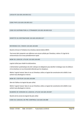 LOCALITE S10.G01.00.003.012

CODE PAYS S10.G01.00.003.013

CODE DE DISTRIBUTION A L'ETRANGER S10.G01.00.003.016

IDENTITE DU DESTINATAIRE S10.G01.00.003.017

REFERENCE DE L'ENVOI S10.G01.00.004
Numéro d'envoi à l'initiative d'un émetteur donné (même SIRET).
Tout envoi doit comporter une référence non encore utilisée par l'émetteur, même s'il s'agit de la
retransmission d'un envoi précédemment rejeté.
NOM DU LOGICIEL UTILISE S10.G01.00.005
Logiciel utilisé pour établir les déclarations.
L'alimentation systématique de cette rubrique est obligatoire pour faciliter le dialogue avec les éditeurs
et les émetteurs en cas d'anomalie détectée par les récepteurs.
Mettre 'Logiciel maison' dans le cas où l'émetteur utilise un logiciel de constitution de la DADS-U non
acheté mais développé en interne.
NOM DE L'EDITEUR S10.G01.00.006
Nom de l'éditeur du logiciel de paie utilisé.
Mettre 'Logiciel maison' dans le cas où l'émetteur utilise un logiciel de constitution de la DADS-U non
acheté mais développé en interne.
NUMERO DE VERSION DU LOGICIEL UTILISE S10.G01.00.007
Numéro de la version du logiciel de paie utilisé.
CODE DU LOGICIEL DE PRE-CONTROLE S10.G01.00.008

Version V01X08 -

Date 30/12/2013 -

Toutes Dads-U et DN-AC

Page 64

 