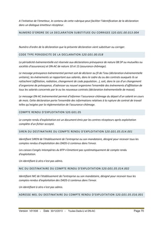 A l'initiative de l'émetteur, le contenu de cette rubrique peut faciliter l'identification de la déclaration
dans un dialogue émetteur-récepteur.
NUMERO D'ORDRE DE LA DECLARATION SUBSTITUEE OU CORRIGEE S20.G01.00.013.004

Numéro d'ordre de la déclaration que la présente déclaration vient substituer ou corriger.
CODE TYPE PERIODICITE DE LA DECLARATION S20.G01.00.018
La périodicité évènementielle est réservée aux déclarations prévoyance de nature 08 (IP ou mutuelles ou
sociétés d’assurances) et DN-AC de nature 10 et 15 (assurance-chômage).
Le message prévoyance évènementiel permet soit de déclarer au fil de l’eau (déclaration évènementielle
unitaire), les évènements se rapportant aux salariés, dans le cadre du ou des contrats auxquels ils se
rattachent (affiliation, radiation, changement de code population...), soit, dans le cas d’un changement
d’organisme de prévoyance, d’adresser au nouvel organisme l’ensemble des évènements d’affiliation de
tous les salariés concernés par le ou les nouveaux contrats (déclaration évènementielle de masse).
Le message DN-AC évènementiel permet d’informer l’assurance-chômage du départ d’un salarié en cours
de mois. Cette déclaration porte l’ensemble des informations relatives à la rupture de contrat de travail
telles qu’exigées par la réglementation de l’assurance-chômage.
COMPTE RENDU D'EXPLOITATION S20.G01.05
Le compte-rendu d'exploitation est un document émis par les centres récepteurs après exploitation
complète d'un fichier accepté.
SIREN DU DESTINATAIRE DU COMPTE RENDU D'EXPLOITATION S20.G01.05.014.001
Identifiant SIREN de l'établissement de l'entreprise ou son mandataire, désigné pour recevoir tous les
comptes rendus d'exploitation des DADS-U contenus dans l'envoi.
Les caisses Congés Intempéries du BTP n'émettent pas systématiquement de compte rendu
d'exploitation.
Un identifiant à zéro n'est pas admis.
NIC DU DESTINATAIRE DU COMPTE RENDU D'EXPLOITATION S20.G01.05.014.002
Identifiant NIC de l'établissement de l'entreprise ou son mandataire, désigné pour recevoir tous les
comptes-rendus d'exploitation des DADS-U contenus dans l'envoi.
Un identifiant à zéro n'est pas admis.
ADRESSE MEL DU DESTINATAIRE DU COMPTE RENDU D'EXPLOITATION S20.G01.05.016.001

Version V01X08 -

Date 30/12/2013 -

Toutes Dads-U et DN-AC

Page 70

 