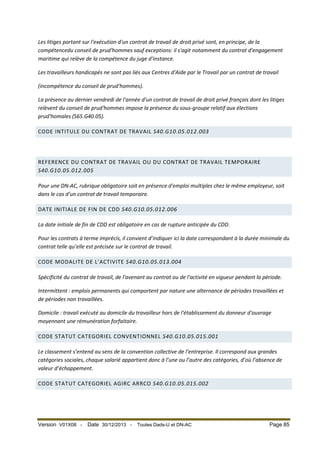Les litiges portant sur l'exécution d'un contrat de travail de droit privé sont, en principe, de la
compétencedu conseil de prud'hommes sauf exceptions: il s'agit notamment du contrat d'engagement
maritime qui relève de la compétence du juge d'instance.
Les travailleurs handicapés ne sont pas liés aux Centres d'Aide par le Travail par un contrat de travail
(incompétence du conseil de prud'hommes).
La présence au dernier vendredi de l'année d'un contrat de travail de droit privé français dont les litiges
relèvent du conseil de prud'hommes impose la présence du sous-groupe relatif aux élections
prud'homales (S65.G40.05).
CODE INTITULE DU CONTRAT DE TRAVAIL S40.G10.05.012.003

REFERENCE DU CONTRAT DE TRAVAIL OU DU CONTRAT DE TRAVAIL TEMPORAIRE
S40.G10.05.012.005
Pour une DN-AC, rubrique obligatoire soit en présence d'emploi multiples chez le même employeur, soit
dans le cas d'un contrat de travail temporaire.
DATE INITIALE DE FIN DE CDD S40.G10.05.012.006
La date initiale de fin de CDD est obligatoire en cas de rupture anticipée du CDD.
Pour les contrats à terme imprécis, il convient d’indiquer ici la date correspondant à la durée minimale du
contrat telle qu’elle est précisée sur le contrat de travail.
CODE MODALITE DE L'ACTIVITE S40.G10.05.013.004
Spécificité du contrat de travail, de l'avenant au contrat ou de l'activité en vigueur pendant la période.
Intermittent : emplois permanents qui comportent par nature une alternance de périodes travaillées et
de périodes non travaillées.
Domicile : travail exécuté au domicile du travailleur hors de l'établissement du donneur d'ouvrage
moyennant une rémunération forfaitaire.
CODE STATUT CATEGORIEL CONVENTIONNEL S40.G10.05.015.001
Le classement s’entend au sens de la convention collective de l’entreprise. Il correspond aux grandes
catégories sociales, chaque salarié appartient donc à l’une ou l’autre des catégories, d’où l’absence de
valeur d’échappement.
CODE STATUT CATEGORIEL AGIRC ARRCO S40.G10.05.015.002

Version V01X08 -

Date 30/12/2013 -

Toutes Dads-U et DN-AC

Page 85

 