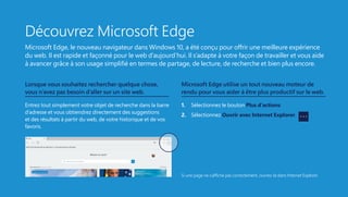 Découvrez Microsoft Edge
Microsoft Edge, le nouveau navigateur dans Windows 10, a été conçu pour offrir une meilleure expérience
du web. Il est rapide et façonné pour le web d’aujourd’hui. Il s’adapte à votre façon de travailler et vous aide
à avancer grâce à son usage simplifié en termes de partage, de lecture, de recherche et bien plus encore.
Lorsque vous souhaitez rechercher quelque chose,
vous n’avez pas besoin d’aller sur un site web.
Entrez tout simplement votre objet de recherche dans la barre
d’adresse et vous obtiendrez directement des suggestions
et des résultats à partir du web, de votre historique et de vos
favoris.
Microsoft Edge utilise un tout nouveau moteur de
rendu pour vous aider à être plus productif sur le web.
1.	 Sélectionnez le bouton Plus d’actions
2.	 Sélectionnez Ouvrir avec Internet Explorer.
Si une page ne s’affiche pas correctement, ouvrez-la dans Internet Explorer.
 