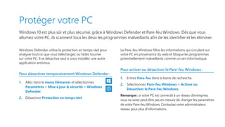Protéger votre PC
Windows 10 est plus sûr et plus sécurisé, grâce à Windows Defender et Pare-feu Windows. Dès que vous
allumez votre PC, ils scannent tous les deux les programmes malveillants afin de les identifier et les éliminer.
Windows Defender utilise la protection en temps réel pour
analyser tout ce que vous téléchargez ou faites tourner
sur votre PC. Il se désactive seul si vous installez une autre
application antivirus.
Pour désactiver temporairement Windows Defender :
1.	 Allez dans le menu Démarrer et sélectionnez
Paramètres  Mise à jour  sécurité  Windows
Defender.
2.	 Désactiver Protection en temps réel.
Le Pare-feu Windows filtre les informations qui circulent sur
votre PC en provenance du web et bloque les programmes
potentiellement malveillants comme un ver informatique.
Pour activer ou désactiver le Pare-feu Windows :
1.	 Entrez Pare-feu dans la barre de recherche.
2.	 Sélectionnez Pare-feu Windows  Activer ou
Désactiver le Pare-feu Windows.
Remarque : si votre PC est connecté à un réseau d’entreprise,
vous ne serez peut-être pas en mesure de changer les paramètres
de votre Pare-feu Windows. Contactez votre administrateur
réseau pour plus d’informations.
 