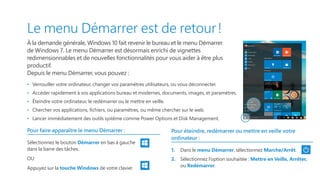 Le menu Démarrer est de retour !
À la demande générale, Windows 10 fait revenir le bureau et le menu Démarrer
de Windows 7. Le menu Démarrer est désormais enrichi de vignettes
redimensionnables et de nouvelles fonctionnalités pour vous aider à être plus
productif.
Depuis le menu Démarrer, vous pouvez :
•   Verrouiller votre ordinateur, changer vos paramètres utilisateurs, ou vous déconnecter.
•   Accéder rapidement à vos applications bureau et modernes, documents, images, et paramètres.
•   Éteindre votre ordinateur, le redémarrer ou le mettre en veille.
•   Chercher vos applications, fichiers, ou paramètres, ou même chercher sur le web.
•   Lancer immédiatement des outils système comme Power Options et Disk Management.
Pour faire apparaître le menu Démarrer :
Sélectionnez le bouton Démarrer en bas à gauche
dans la barre des tâches.
OU
Appuyez sur la touche Windows de votre clavier.
Pour éteindre, redémarrer ou mettre en veille votre
ordinateur :
1.	 Dans le menu Démarrer, sélectionnez Marche/Arrêt.
2.	 Sélectionnez l’option souhaitée : Mettre en Veille, Arrêter,
ou Redémarrer.
 