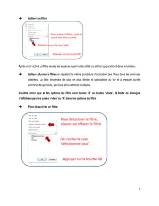 7 
 Activer un filtre 
Après avoir activé un filtre seules les espèces ayant cette utilité ou attribut apparaitront dans le tableau. 
 Activer plusieurs filtres en répétant la même procédure d’activation des filtres dans les colonnes désirées. La liste deviendra de plus en plus étroite et spécialisée au fur et à mesure qu’elle combine des produits, services et/ou attributs multiples. 
Veuillez noter que si les options du filtre sont toutes ‘X’ ou toutes ‘vides’, la boite de dialogue n’affichera pas les cases ‘vides’ ou ‘X’ dans les options du filtre 
 Pour désactiver un filtre: 
 