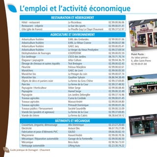 Guide pratique de Domagné - Chaumeré18
L’emploi et l’activité économique
Point Poste :
Au tabac-presse :
6, allée Saint-Pierre
02.99.00.01.84
RESTAURATION ET HÉBERGEMENT
Hôtel - restaurant	 Le Ricordeau	 02.99.00.06.06
Restaurant - crêperie	 Le bar des sports	 02.99.00.01.41
Gîte (gîte de France)	 Le Pioufle Guy La Claye Chaumeré	 02.99.37.52.97
AGRICULTURE ET ENVIRONNEMENT
Arboriculture fruitière	 EARL des Grelandes	 02 99 00.01.06
Arboriculture fruitière	 EARL Le Mitan Cranne	 02.99.00.07.98
Arboriculture fruitière	 GAEC Jary	 02.99.00.05.41
Arboriculture fruitière	 Le Verger du Vieux Presbytère	 02.99.37.69.54
Déshydratation de fourrages	 COOPEDOM	 02.99.00.05.59
Eco Jardinage	 L’ECO des Jardins	 06.70.71.70.74
Élagueur / paysagiste	 Arbo Culture	 02.99.04.36.79
Élevage de chevaux et autres équidés 	 Trot Bretagne	 02.99.00.02.43
Fleuriste	 Fréreux Marylène	 02.99.00.02.61
Maraîchers	 GAEC de Livré	 02.99.00.05.50
Maraîcher bio 	 Le Potager du coin	 02.99.00.07.74
Maraîcher bio 	 Gauthier Sylvain	 06.86.94.38.49
Objets de déco et paniers osier	 La ferme du Gros Chêne	 02.99.37.69.85
Pain bio 	 La ferme de la Cour	 02.99.37.48.92
Paysagiste / Horticulteur	 Vétier Serge	 02.99.00.08.40
Paysagiste	 Hamel Serge	 02.99.00.32.49
Paysagiste	 Les Jardins Delonglée	 02.99.37.16.96
Travaux agricoles	 Cuma la Cordiale	 02.99.00.01.45
Travaux agricoles	 Massot André	 02.99.00.04.80
Travaux agricoles	 Primault Dominique	 02.99.00.01.36
Travaux publics / Terrassement	 Société Sourdrille	 02.99.00.33.09
Viande bio (poulets et agneaux)	 La ferme de la Cour	 02.99.37.69.85
Viande de chèvre	 La ferme du Cabris	 06.38.64.59.12
BÂTIMENTS ET MÉCANIQUE
Couverture, zinguerie, démoussage	 Alix Dominique	 02.23.27.20.60
Electricité	 Astuce Elec	 06.07.70.27.89
Fabrication et pose d’éléments PVC	 GILISO	 09.66.00.82.10
Maçonnerie	 Havard André	 02.99.00.70.36
Mécanique / Réparation automobile	 Garage de la Fontenelle	 02.99.00.06.50
Mécanique	 Bess Auto	 02.90.56.73.03
Nettoyage automobile	 Lifting Auto	 02.23.30.74.22
 