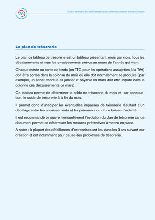 36

Guide à destination des chefs d’entreprise pour faciliter leurs relations avec leurs banques

Le plan de trésorerie
Le plan ou tableau de trésorerie est un tableau présentant, mois par mois, tous les
décaissements et tous les encaissements prévus au cours de l’année qui vient.
Chaque entrée ou sortie de fonds (en TTC pour les opérations assujetties à la TVA)
doit être portée dans la colonne du mois où elle doit normalement se produire ( par
exemple, un achat effectué en janvier et payable en mars doit être imputé dans la
colonne des décaissements de mars).
Ce tableau permet de déterminer le solde de trésorerie du mois et, par construction, le solde de trésorerie à la fin du mois.
Il permet donc d’anticiper les éventuelles impasses de trésorerie résultant d’un
décalage entre les encaissements et les paiements ou d’une baisse d’activité.
Il est recommandé de suivre mensuellement l’évolution du plan de trésorerie car ce
document permet de déterminer les mesures préventives à mettre en place.
A noter : la plupart des défaillances d’entreprises ont lieu dans les 3 ans suivant leur
création et ont notamment pour cause des problèmes de trésorerie.

 