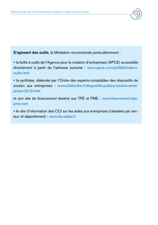 Guide à destination des chefs d’entreprise pour faciliter leurs relations avec leurs banques

25

S’agissant des outils, la Médiation recommande particulièrement :
• la boîte à outils de l’Agence pour la création d’entreprises (APCE) accessible
directement à partir de l’adresse suivante : www.apce.com/pid302/boite-aoutils.html
• la synthèse, élaborée par l’Ordre des experts-comptables des dispositifs de
soutien aux entreprises : www.bibliordre.fr/dispositifs-publics-soutien-entreprises-2013.html
et son site de financement destiné aux TPE et PME : www.financement-tpepme.com
• le site d’information des CCI sur les aides aux entreprises (classées par secteur et département) : www.les-aides.fr

 